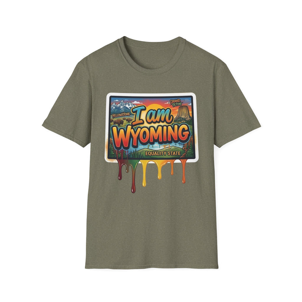 Heather military green T-shirt with colorful "I am Wyoming" postcard-style graphic