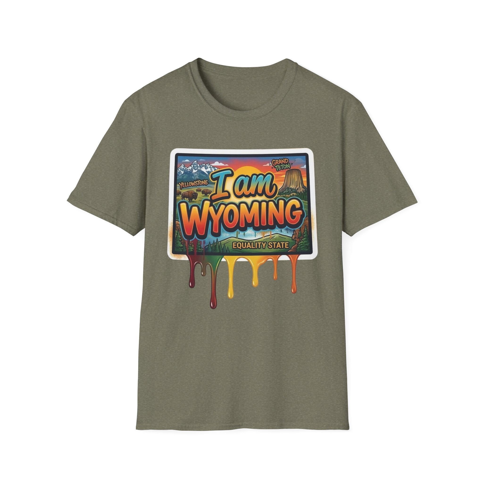 Heather military green T-shirt with colorful "I am Wyoming" postcard-style graphic