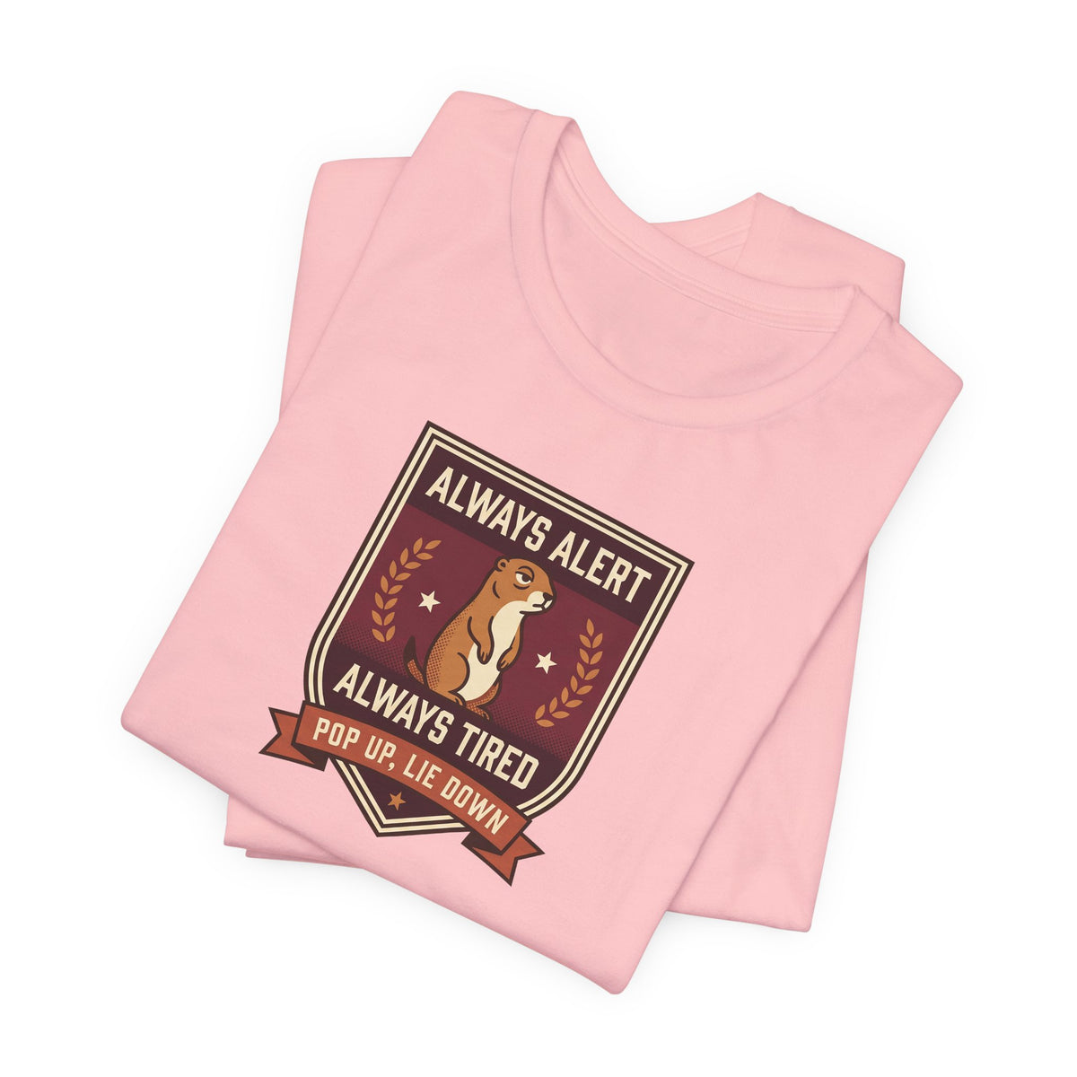 Light pink T-shirt with squirrel crest badge graphic on the front