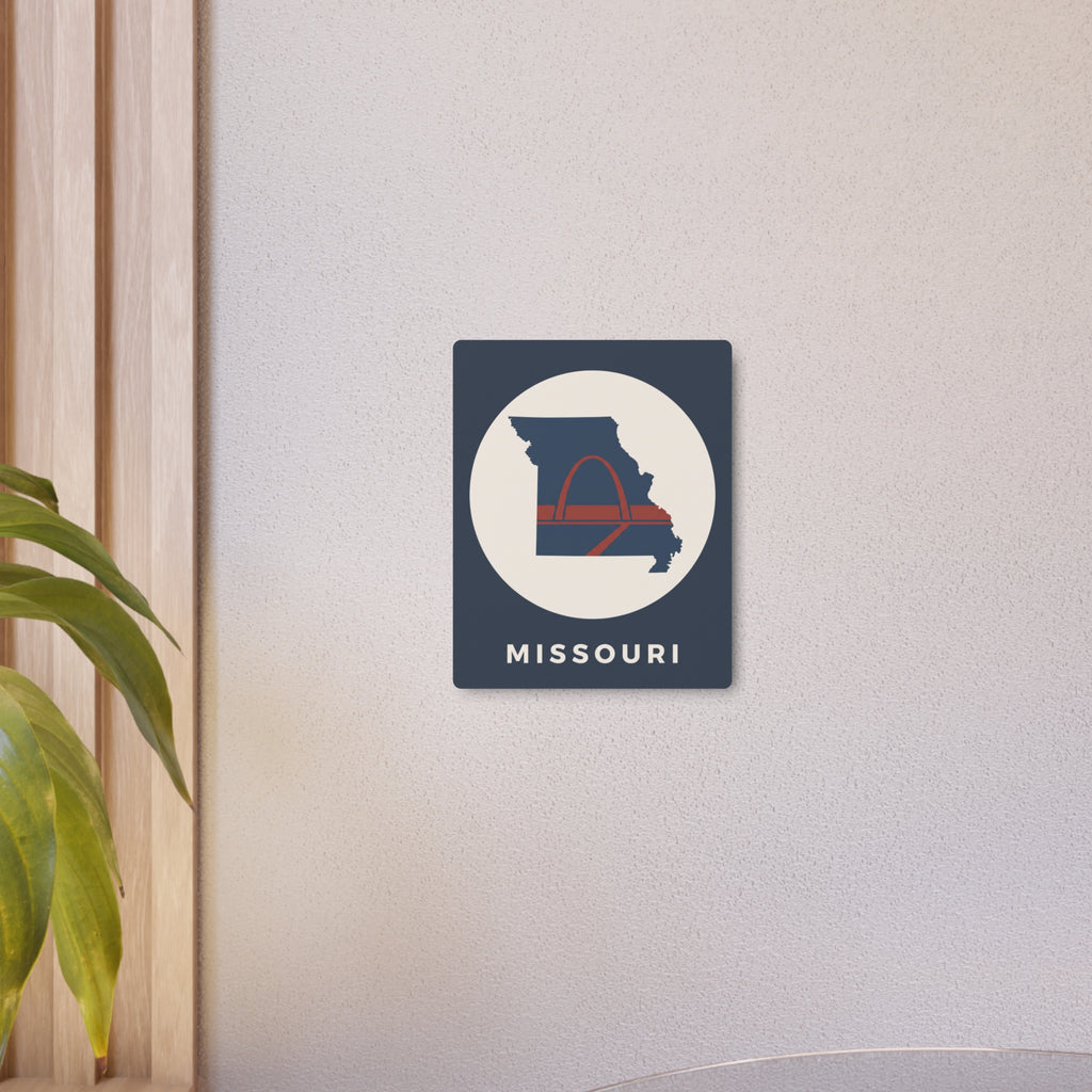 Missouri metal map art sign, small blue square with circular Gateway Arch logo