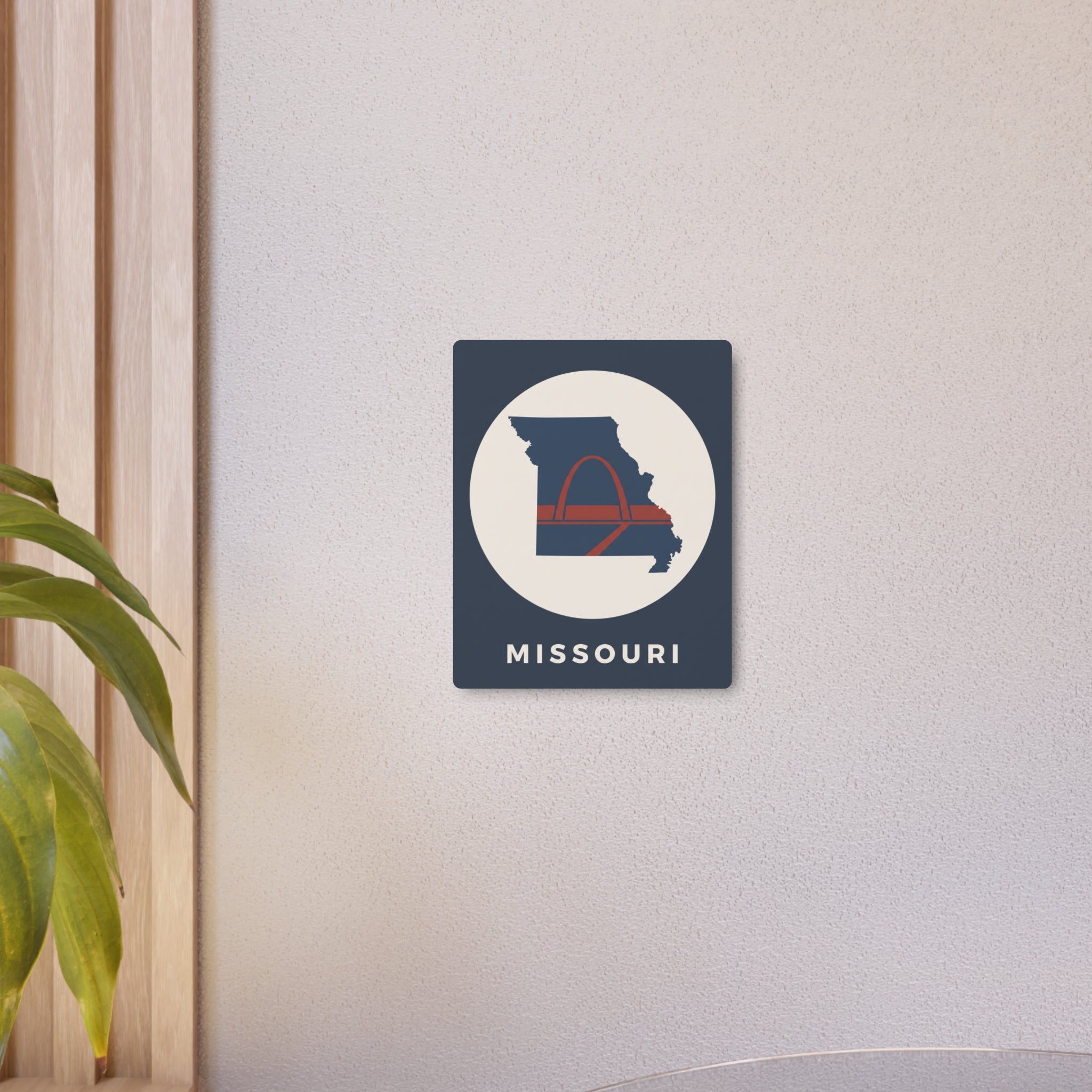 Missouri metal map art sign, small blue square with circular Gateway Arch logo