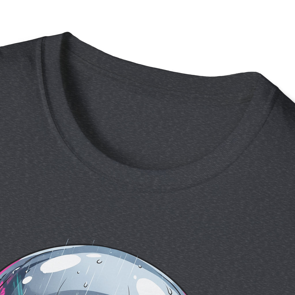 Cyberpunk Skull T-Shirt, dunkelgrau: Nahaufnahme Rundhalsausschnitt mit Teilansicht Druck