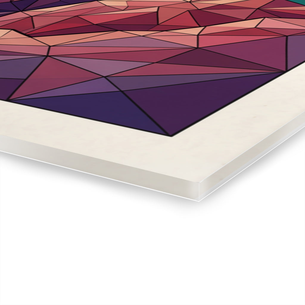 Close-up acrylic wall art corner with purple and rose geometric polygon pattern