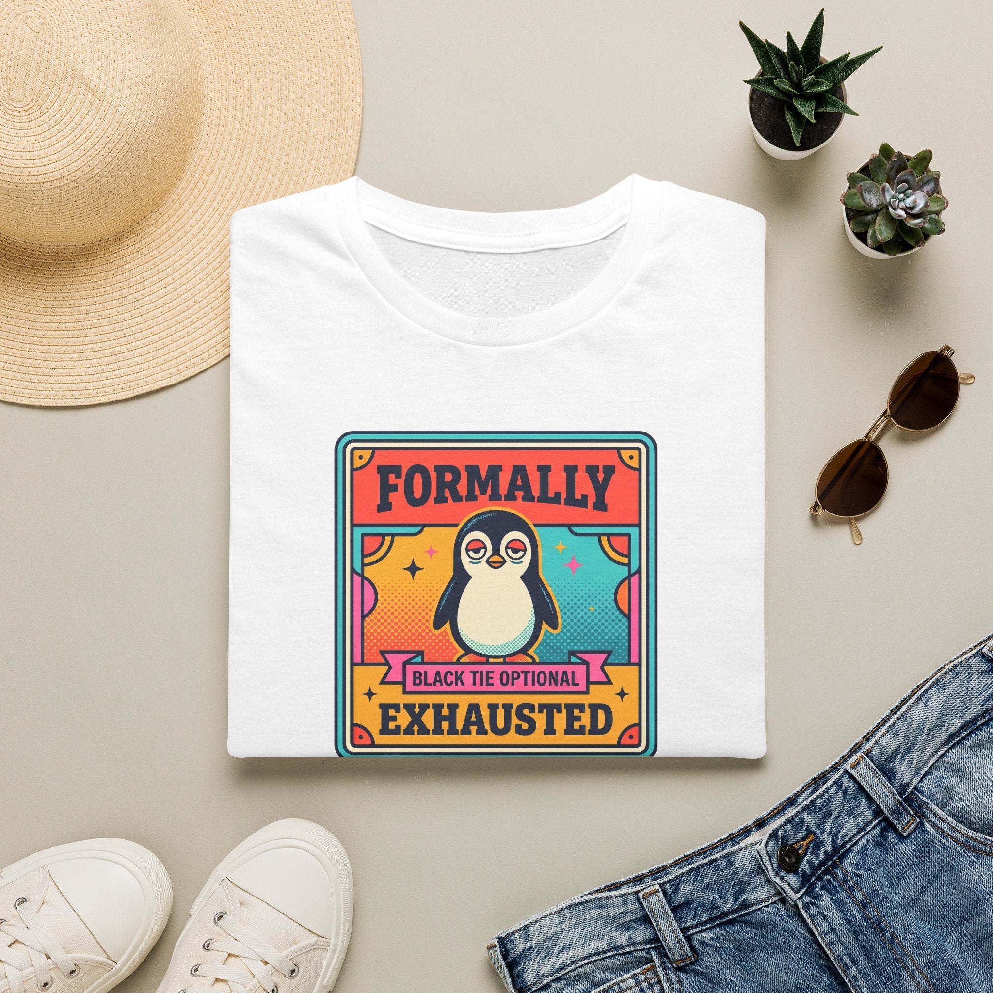 White crew-neck T-shirt with centered retro penguin badge reading “Formally” and “Exhausted”.