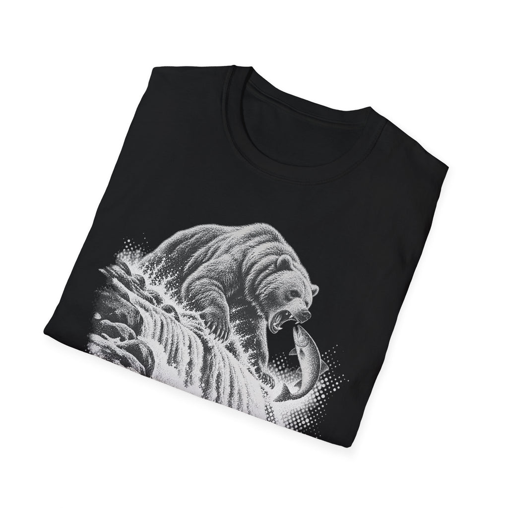 Black crewneck T-shirt with gray grizzly bear and waterfall graphic