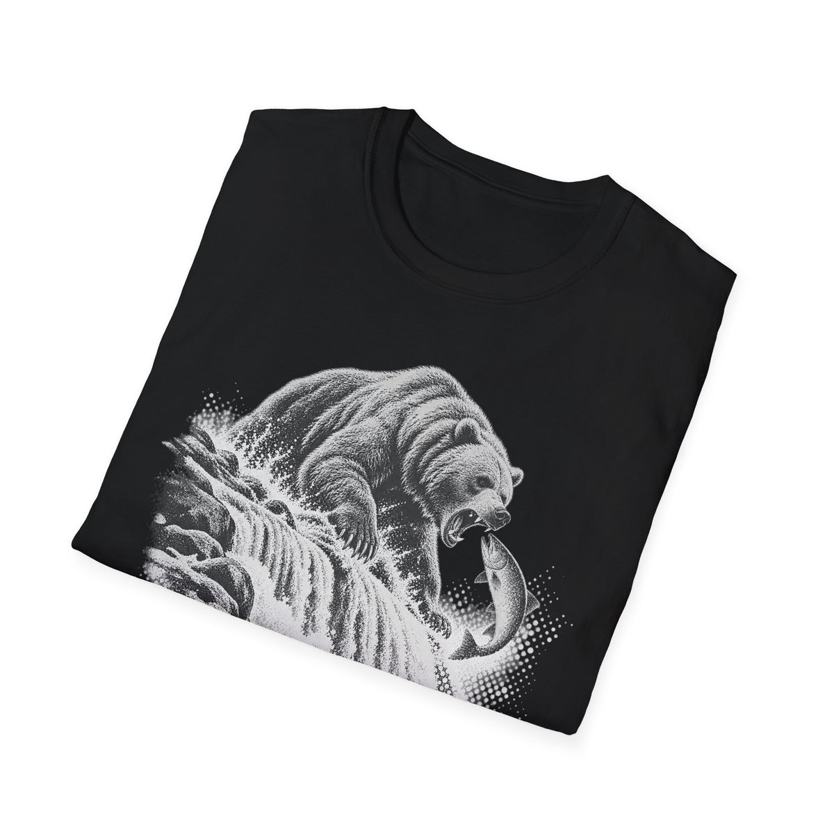 Black crewneck T-shirt with gray grizzly bear and waterfall graphic