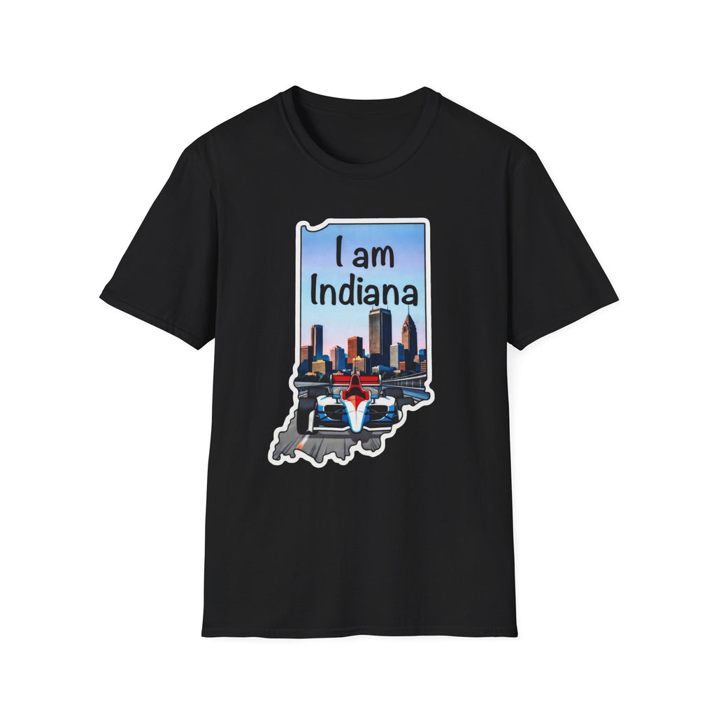 I am Indiana T-Shirt, schwarz: Indiana-Schriftzug, Skyline & IndyCar im Umriss