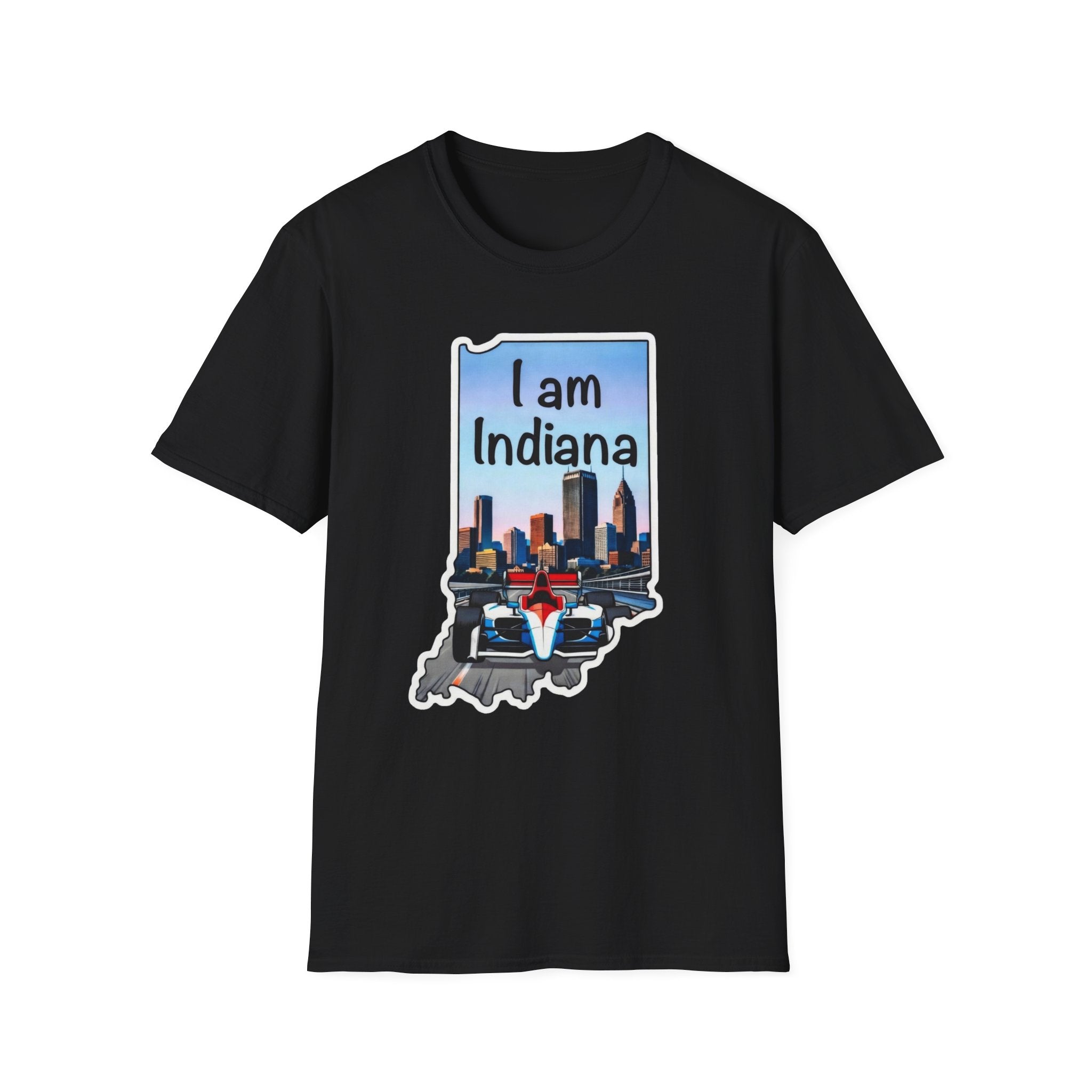 I am Indiana T-Shirt, schwarz: Indiana-Schriftzug, Skyline & IndyCar im Umriss