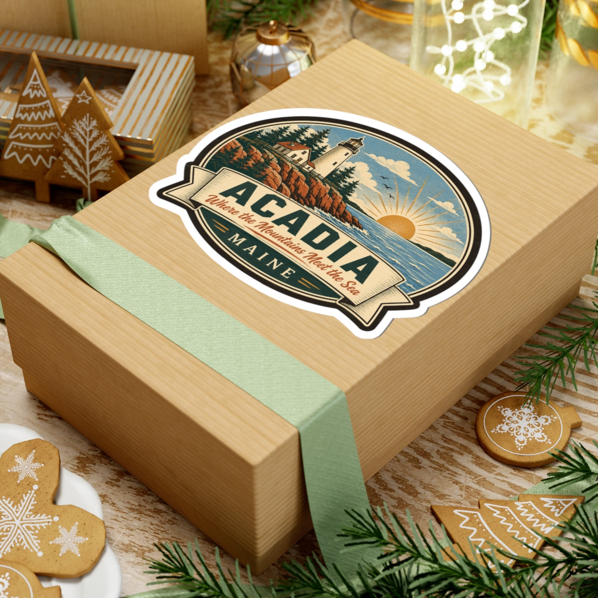 Round Acadia Maine travel decal on gift box: lighthouse, rocky coast, sunrise, and 'ACADIA' text.