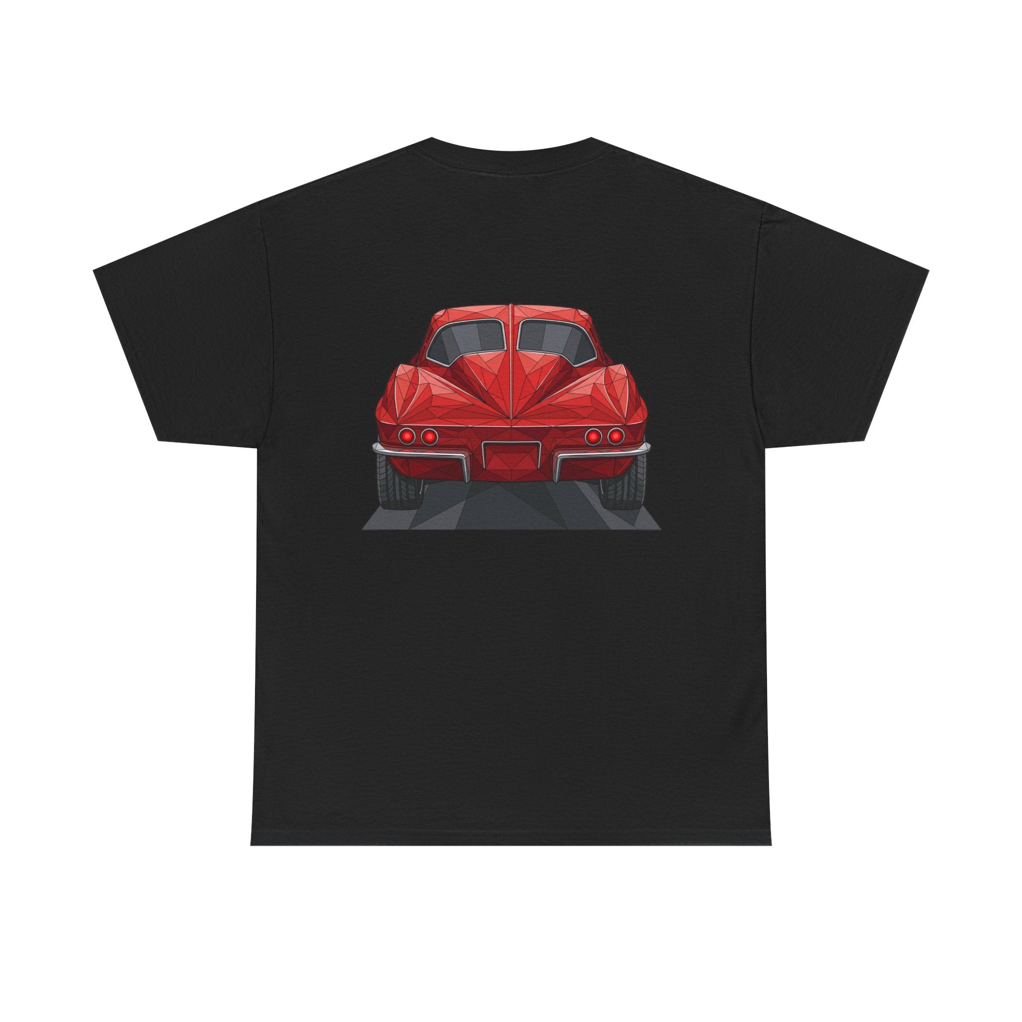 Black crew-neck T-shirt with centered red sports coupe graphic