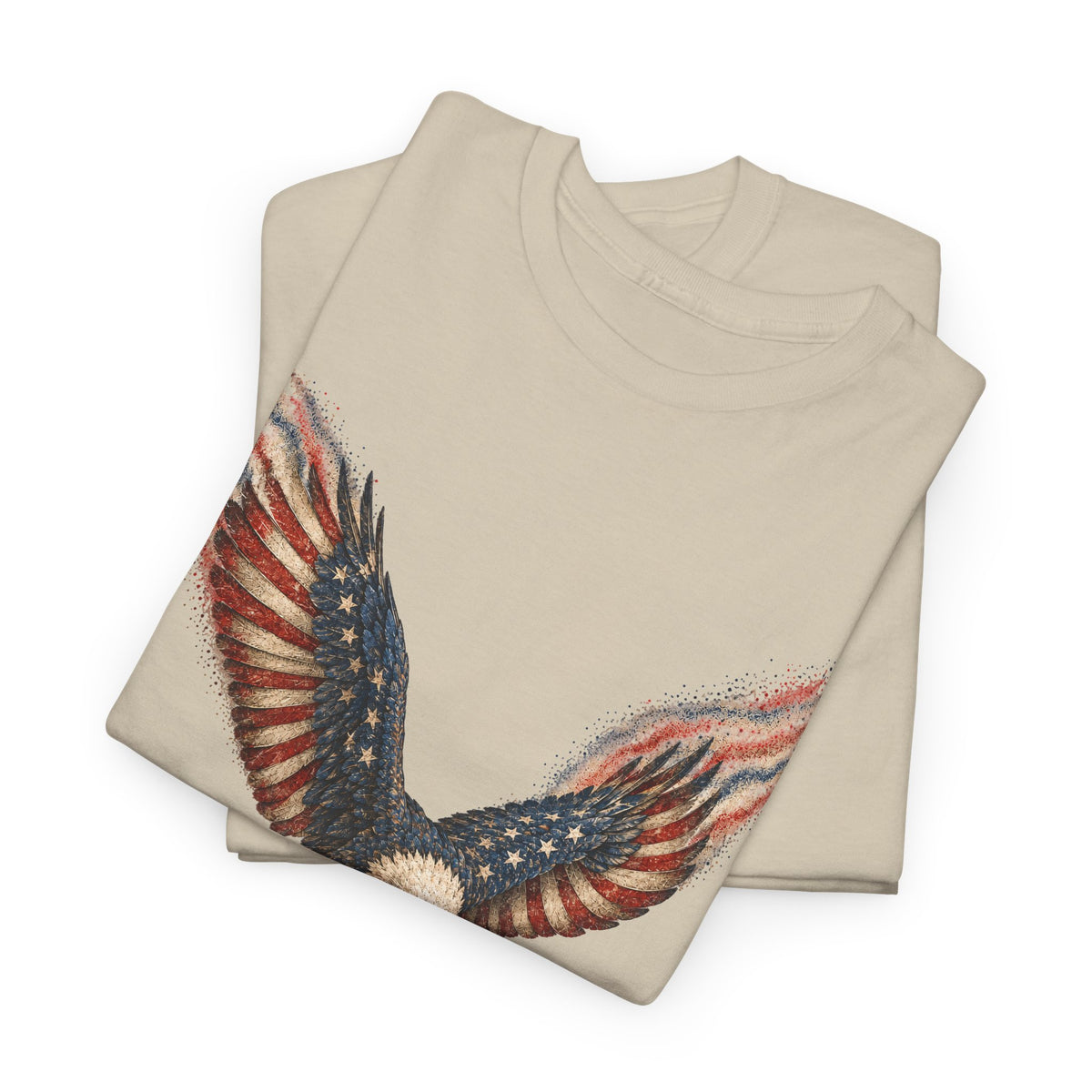 Beige crew-neck t-shirt with American flag eagle wing graphic on front.