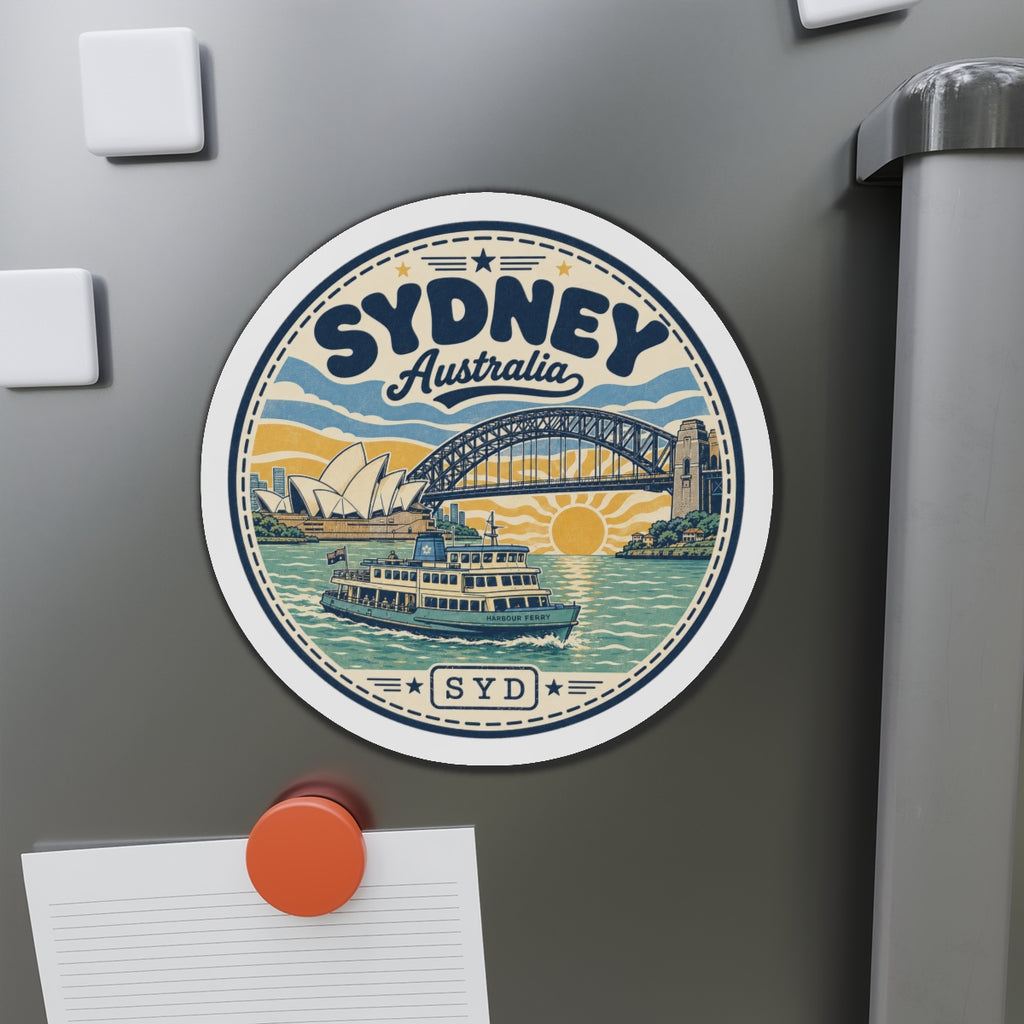 Round Sydney illustration magnet on dark fridge with orange pin and paper note