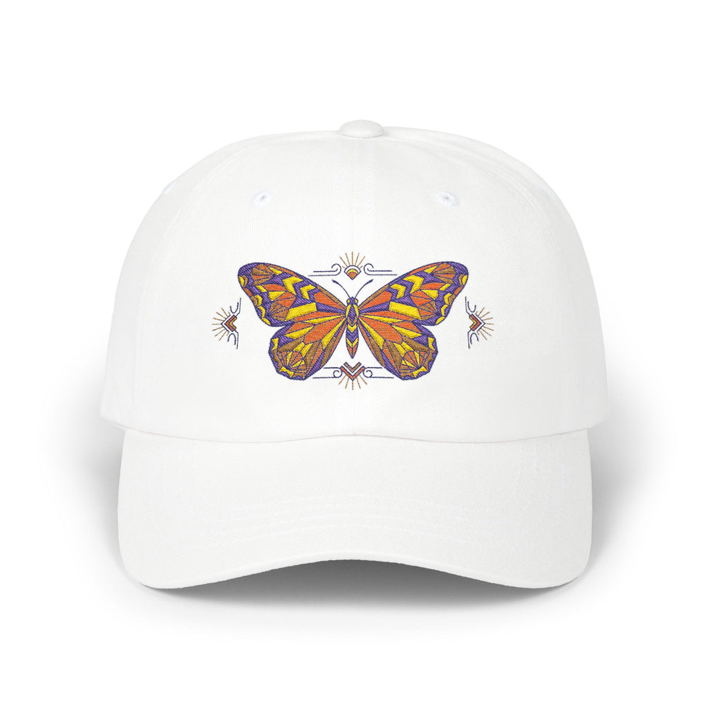 White dad cap with colorful butterfly-moth embroidery on the front panel
