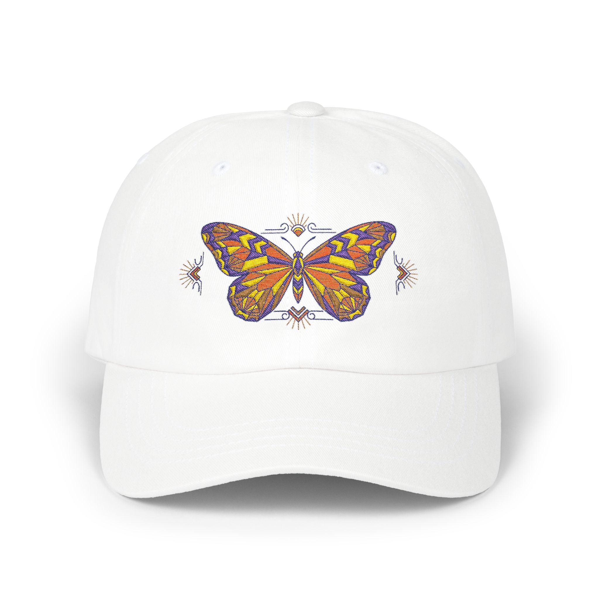 White dad cap with colorful butterfly-moth embroidery on the front panel