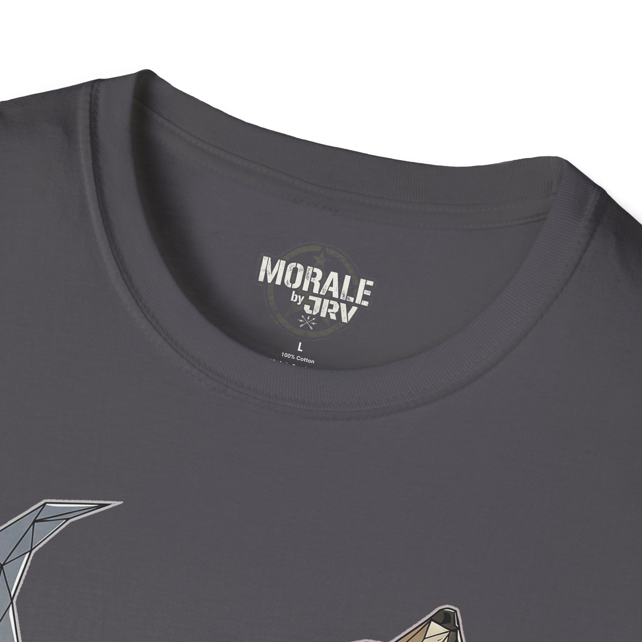 Charcoal crewneck T-shirt, close-up of neckline and brand label