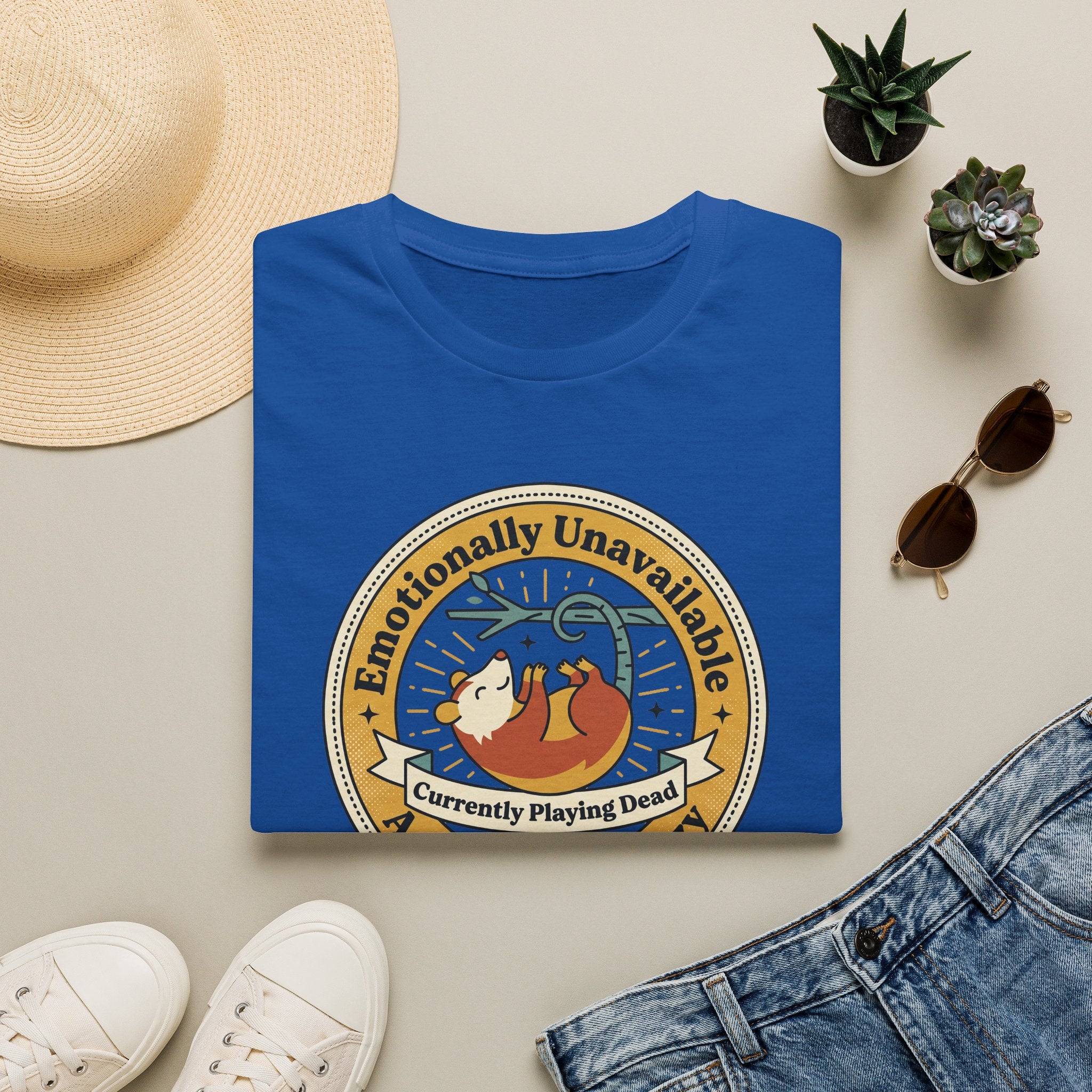 Royal blue sloth graphic T-shirt with round "Currently Playing Dead" logo