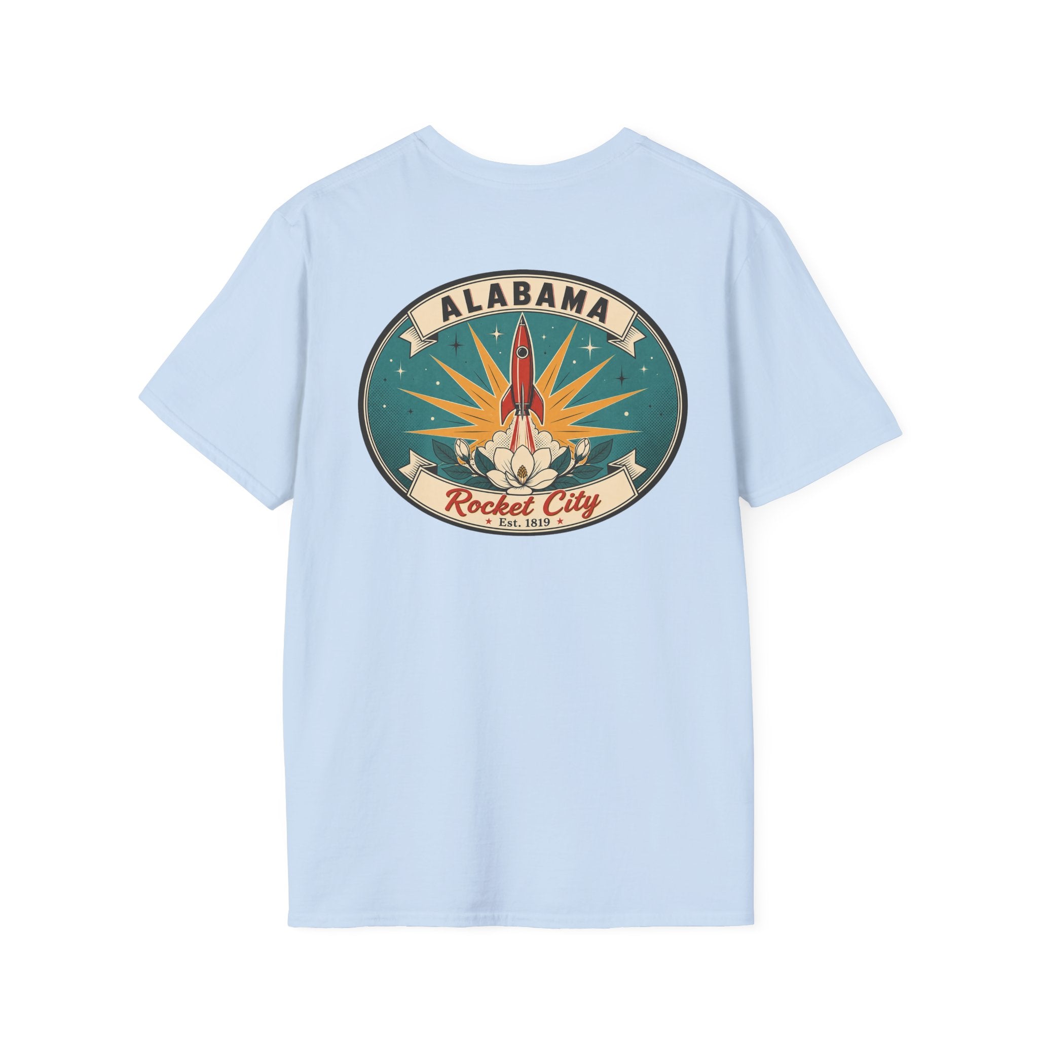 Light blue T-shirt with circular Alabama Rocket City rocket graphic on chest