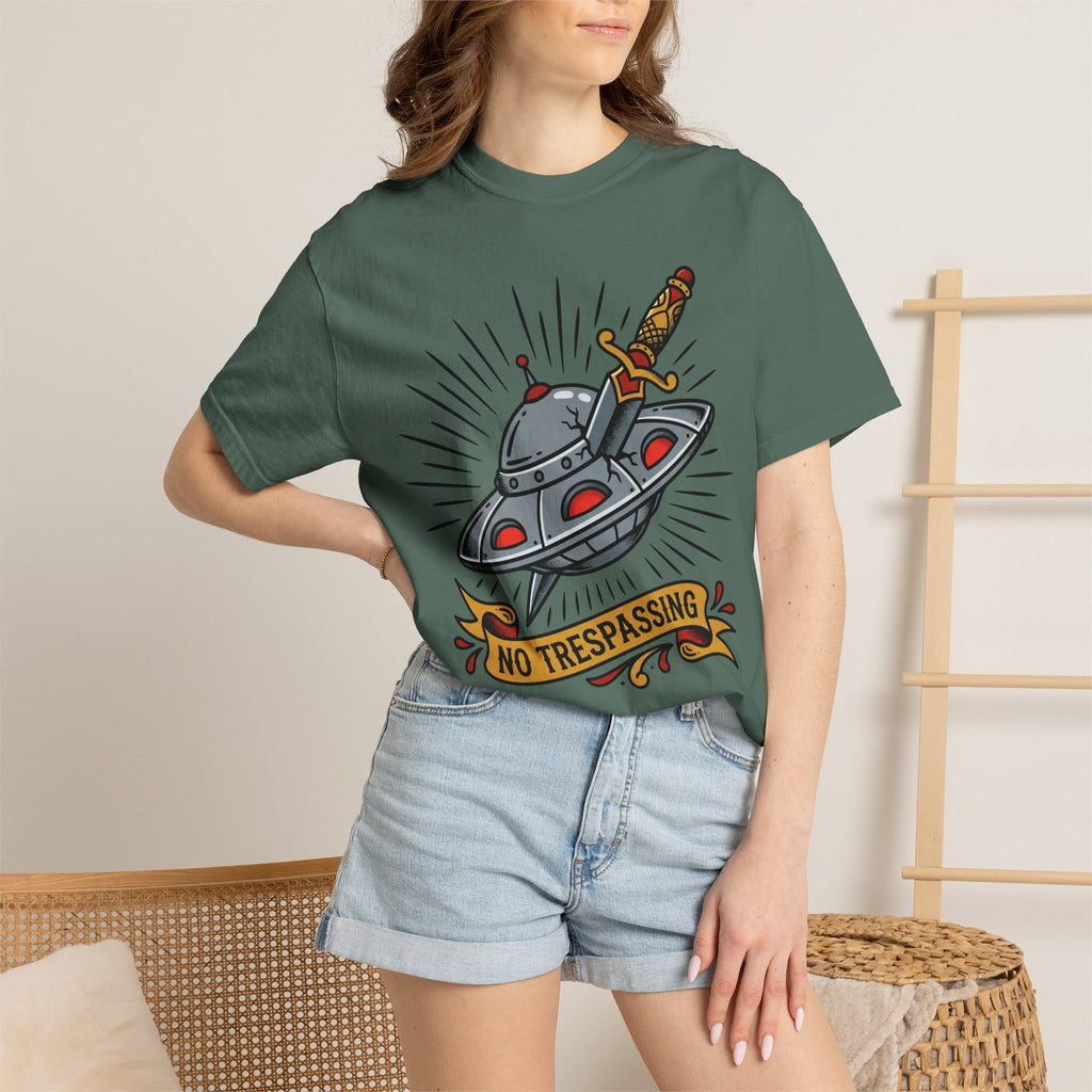 Dark green T-shirt with UFO and dagger graphic and “No Trespassing” text
