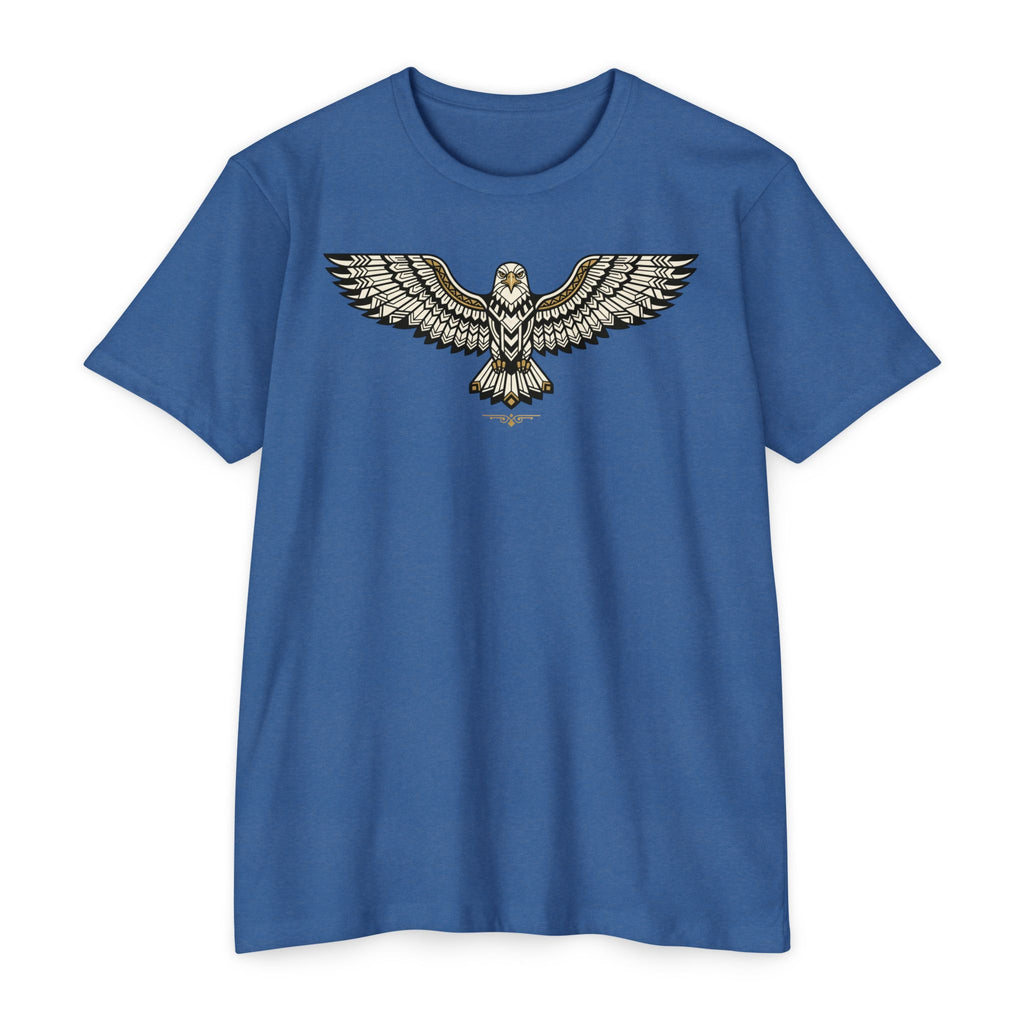 Dark blue T-shirt with centered owl wing illustration graphic across the chest