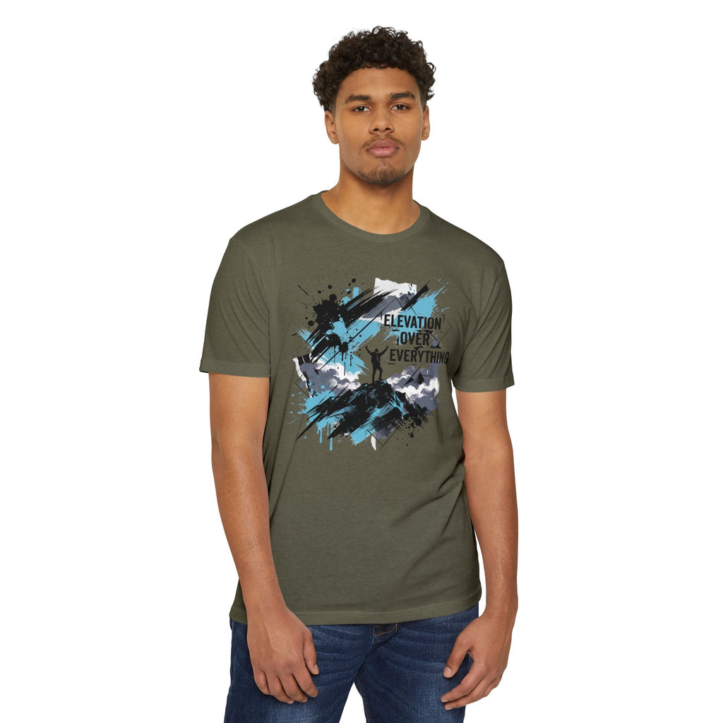 Olive-brown T-shirt with blue-and-black splatter graphic on the front