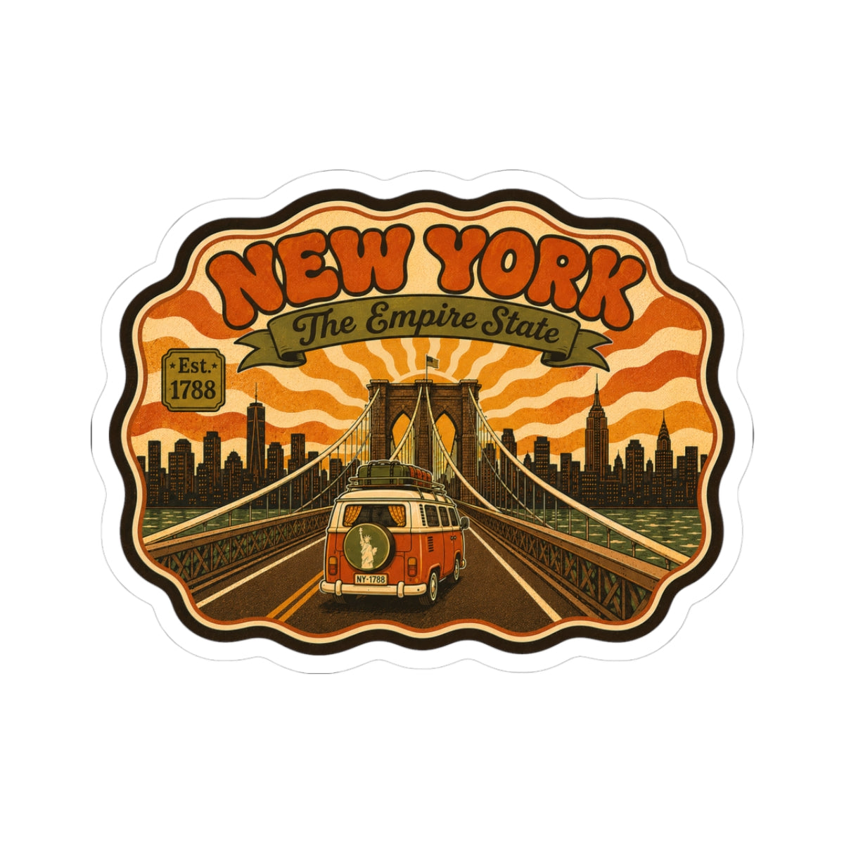 Kiss-cut vinyl sticker with 'NEW YORK' retro cityscape, orange border, and vintage van graphic.