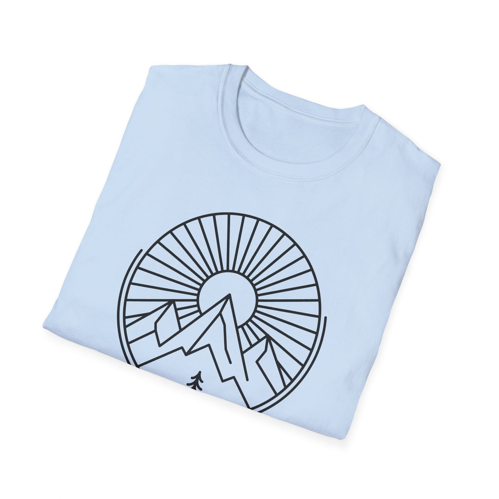 Light blue unisex T-shirt with large black sunburst mountain emblem