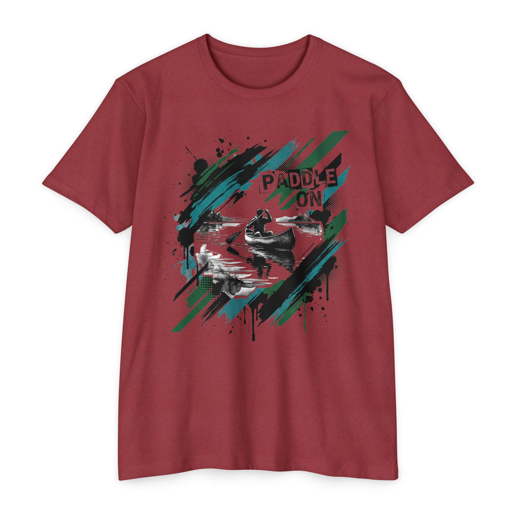 Maroon short-sleeve T-shirt with “PADDLE ON” kayak graphic on the front