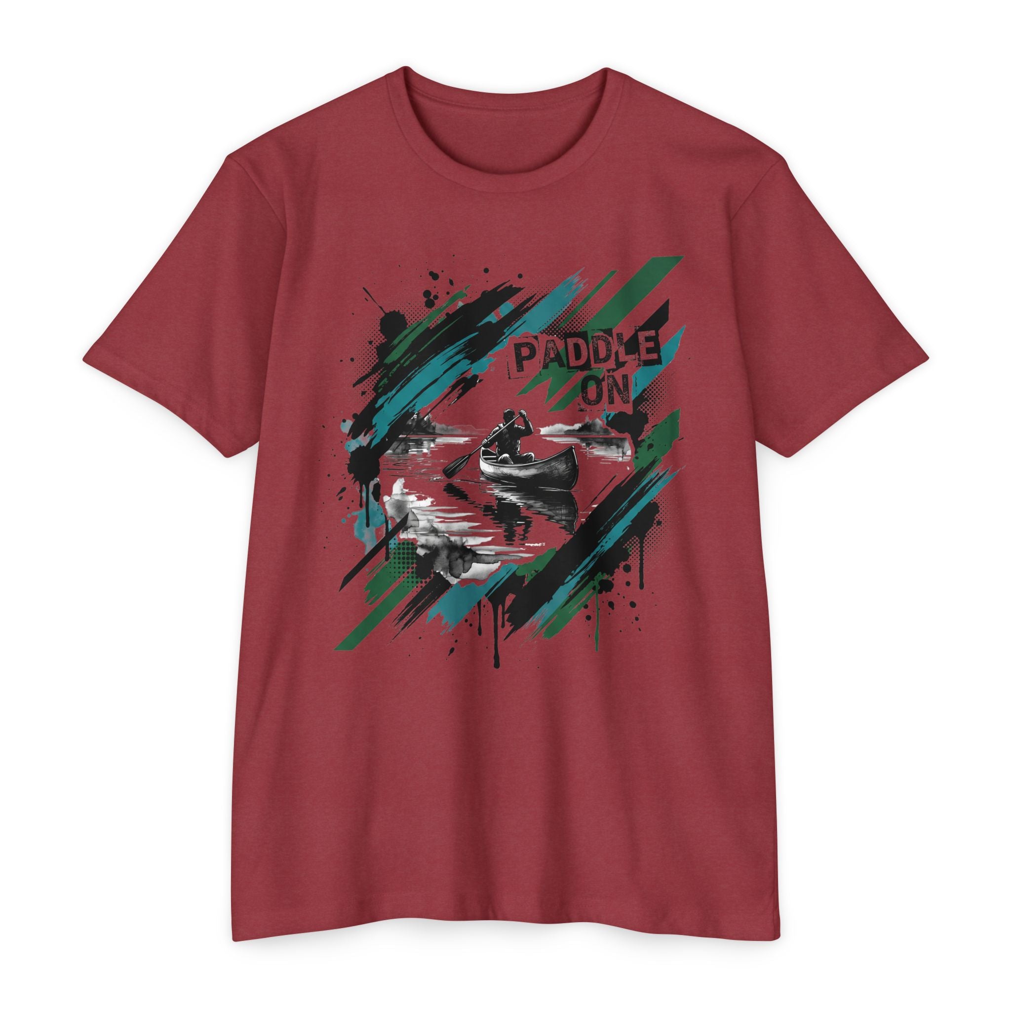 Maroon short-sleeve T-shirt with “PADDLE ON” kayak graphic on the front