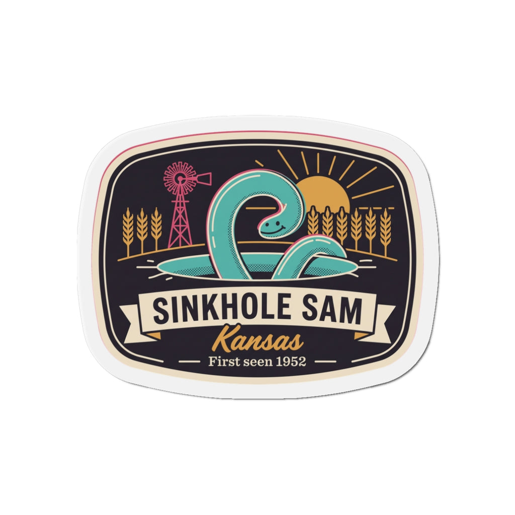 Die-cut sticker-style magnet with oval Kansas scenic artwork and white border, close-up