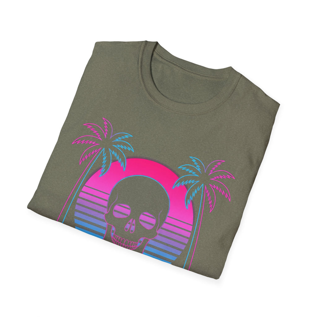 Vaporwave Skull Sunset T-shirt, Heather Military Green—skull with palms and pink sunset