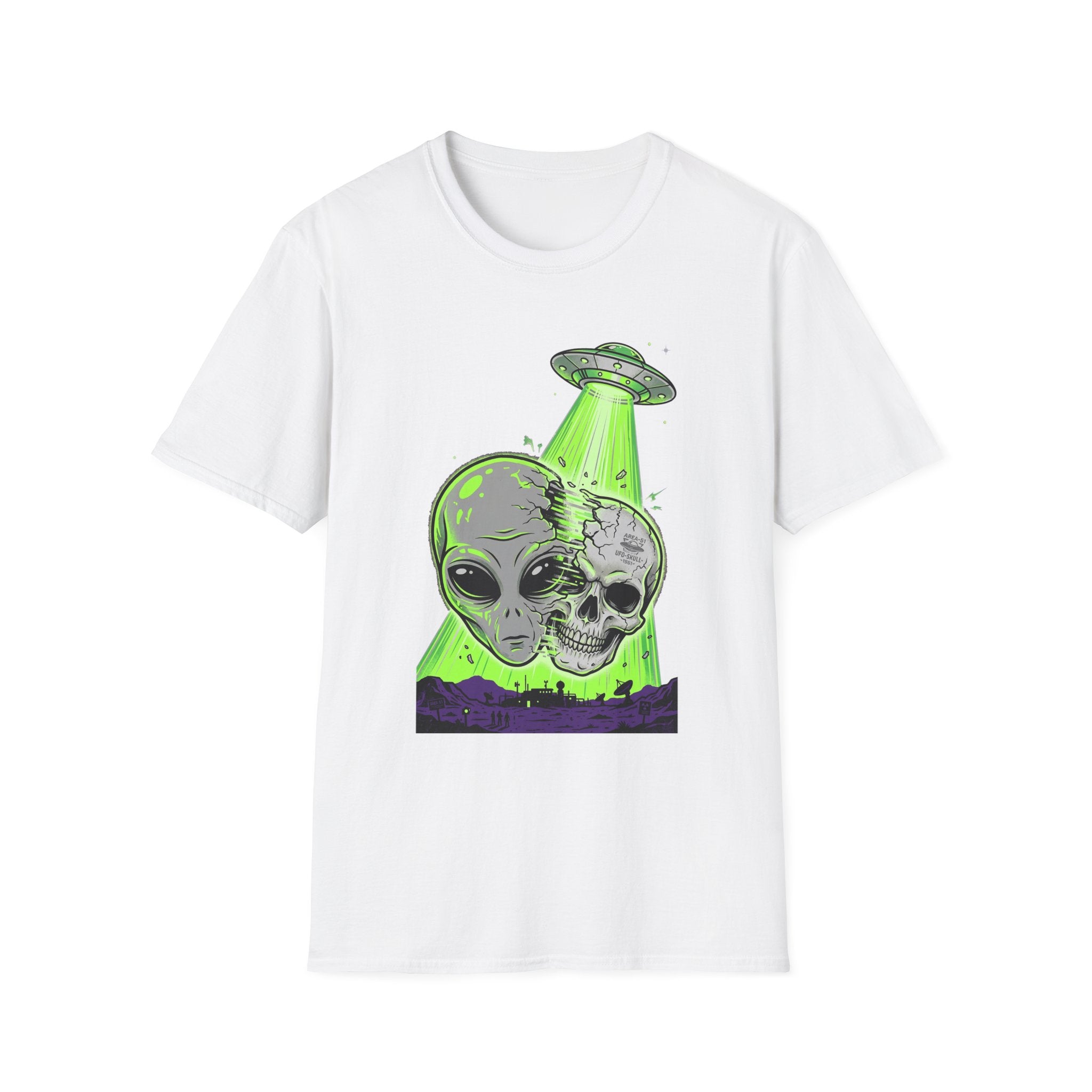 Alien & Skull T-Shirt, UFO tractor beam skull graphic on white tee