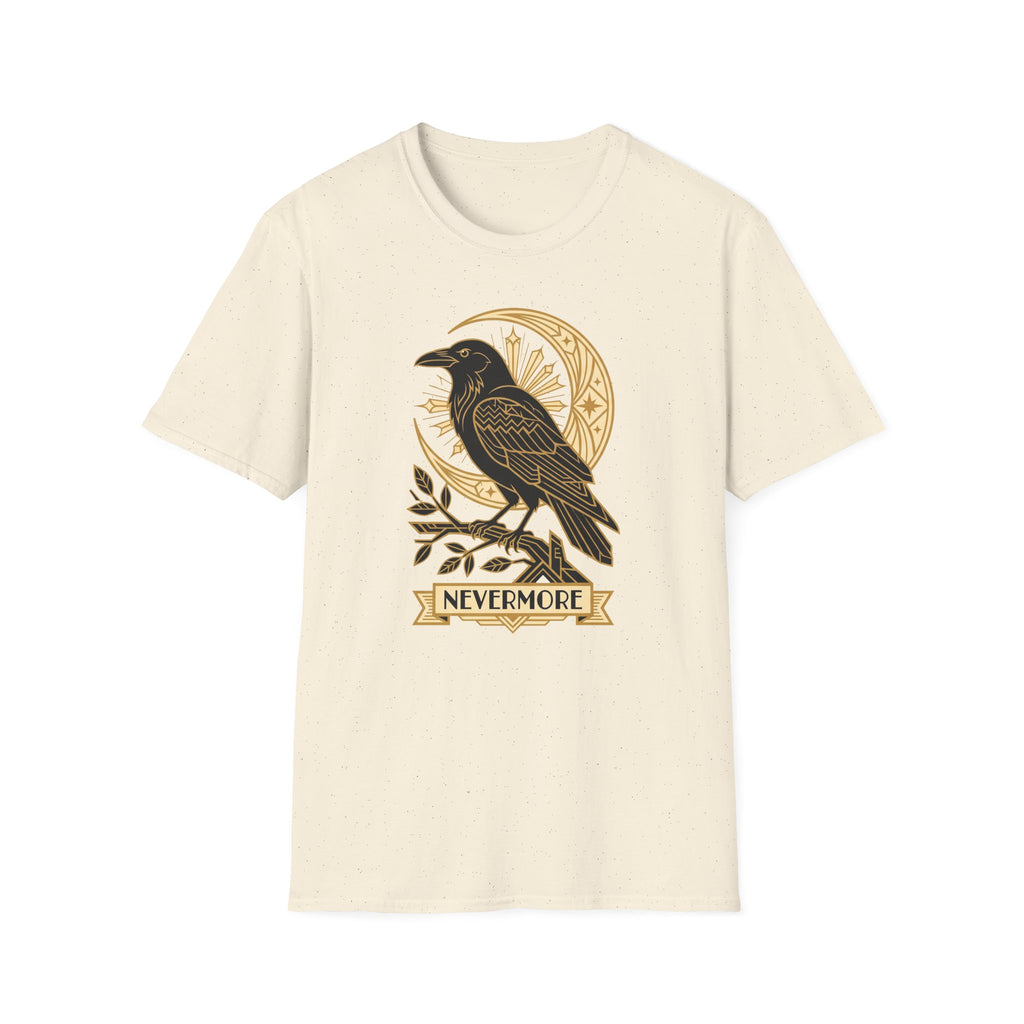 Cream graphic T-shirt front with raven and gold Nevermore banner
