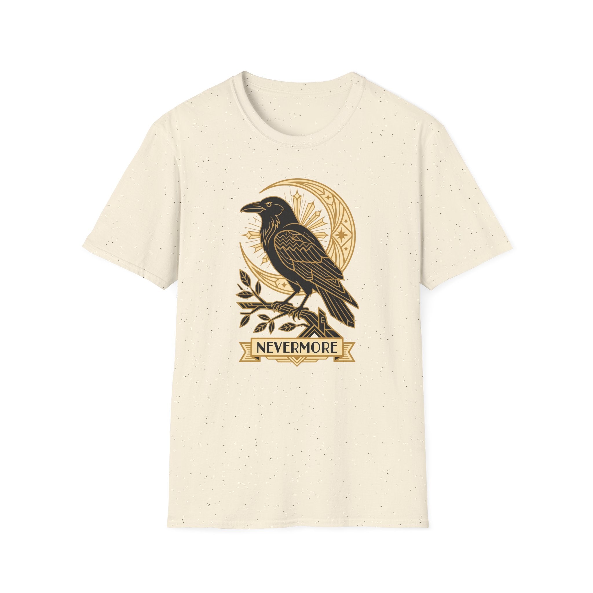 Cream graphic T-shirt front with raven and gold Nevermore banner