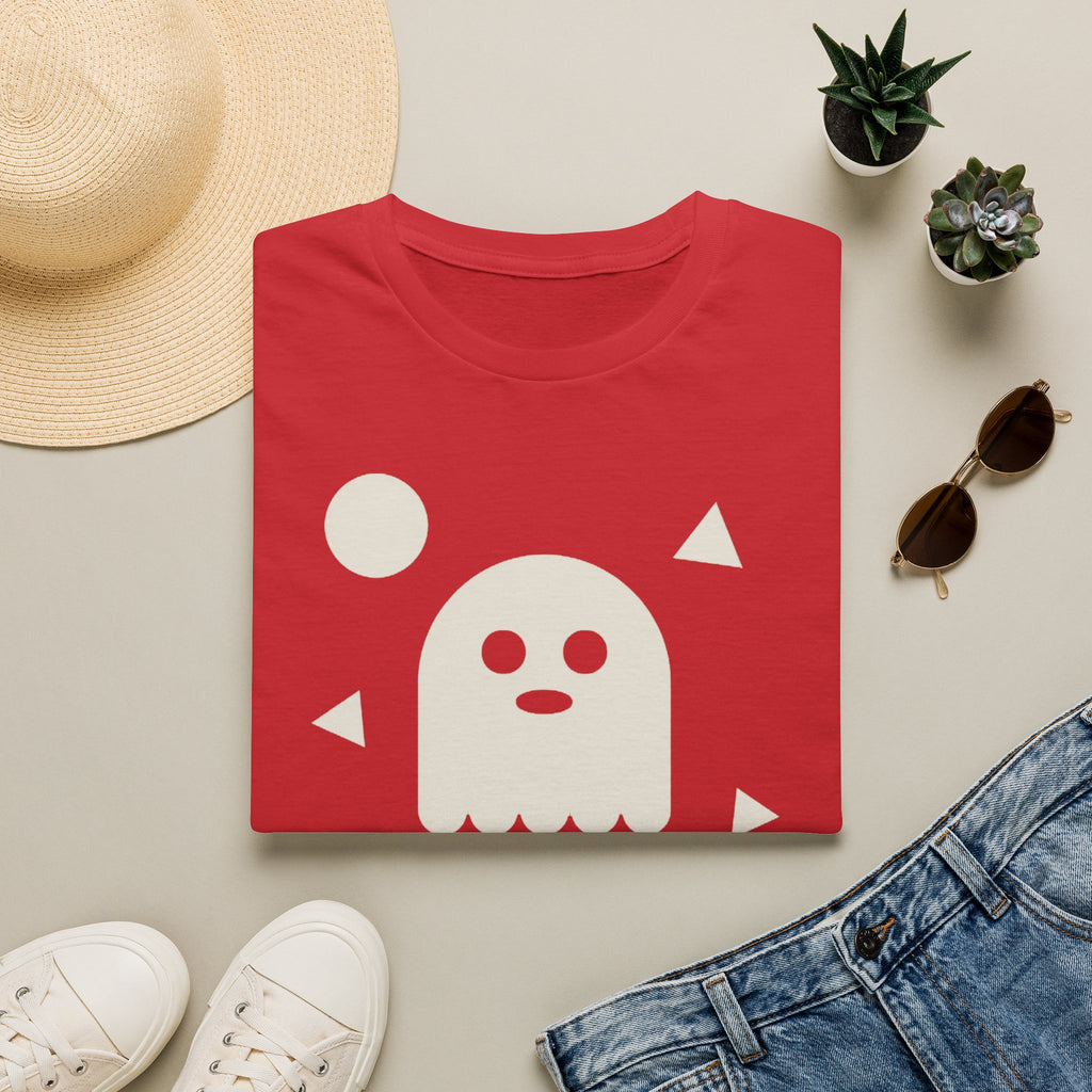 Red Halloween ghost graphic T-shirt with BOO text and simple face