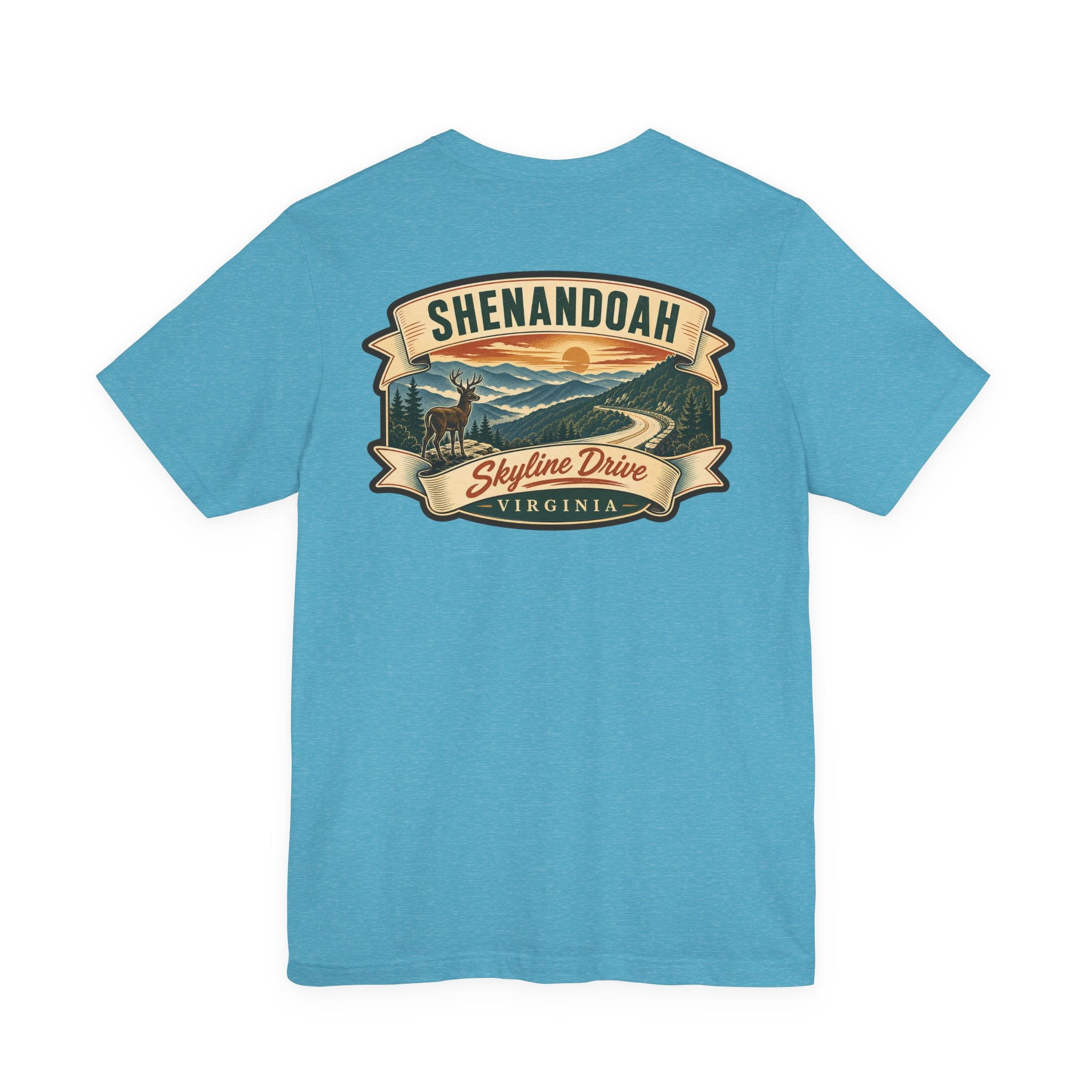 Aqua crewneck t-shirt with Shenandoah Skyline Drive graphic logo