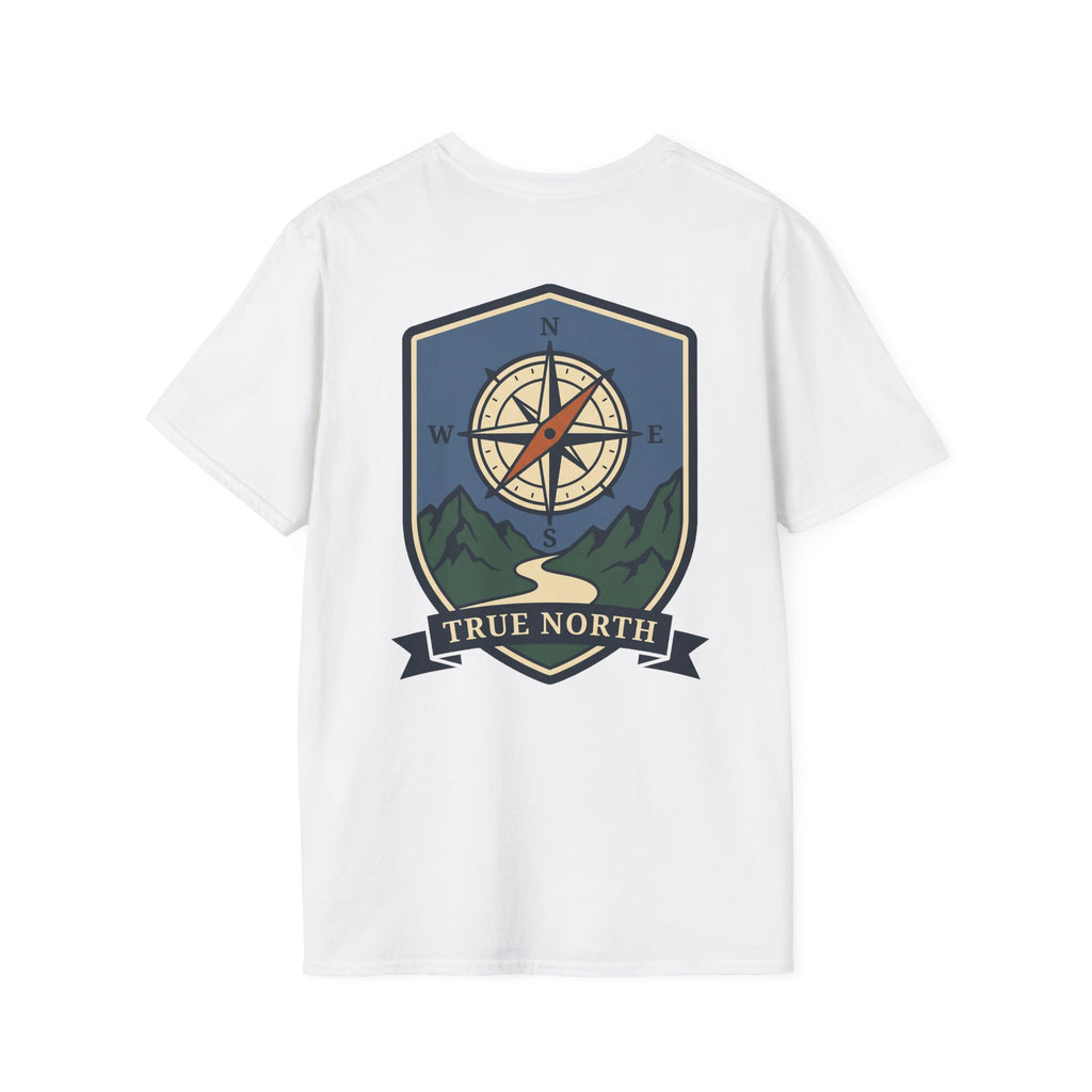 White T-shirt with compass shield graphic and “TRUE NORTH” banner on chest