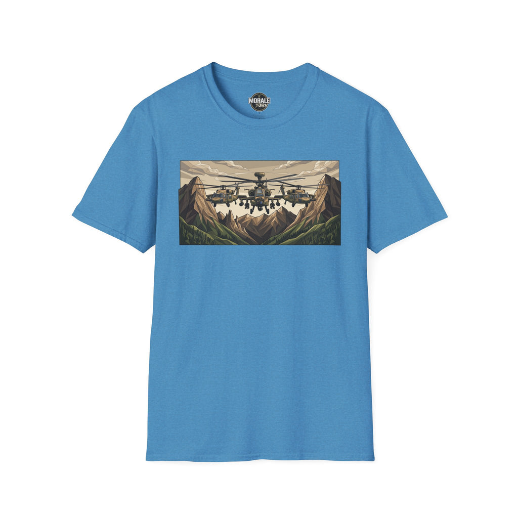 Attack Helicopter T-Shirt in Heather Sapphire Blue with mountain helicopter graphic