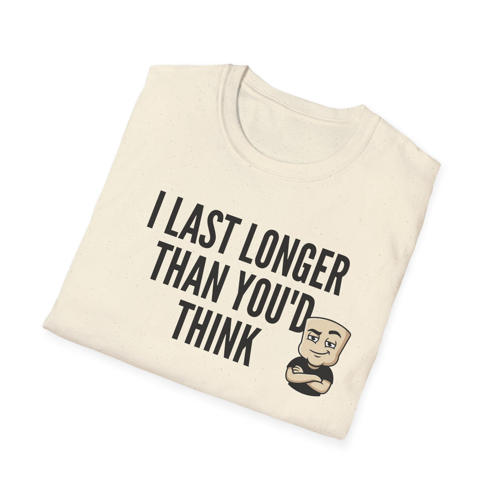 Cream adult T-shirt with bold quote print and small cartoon face graphic