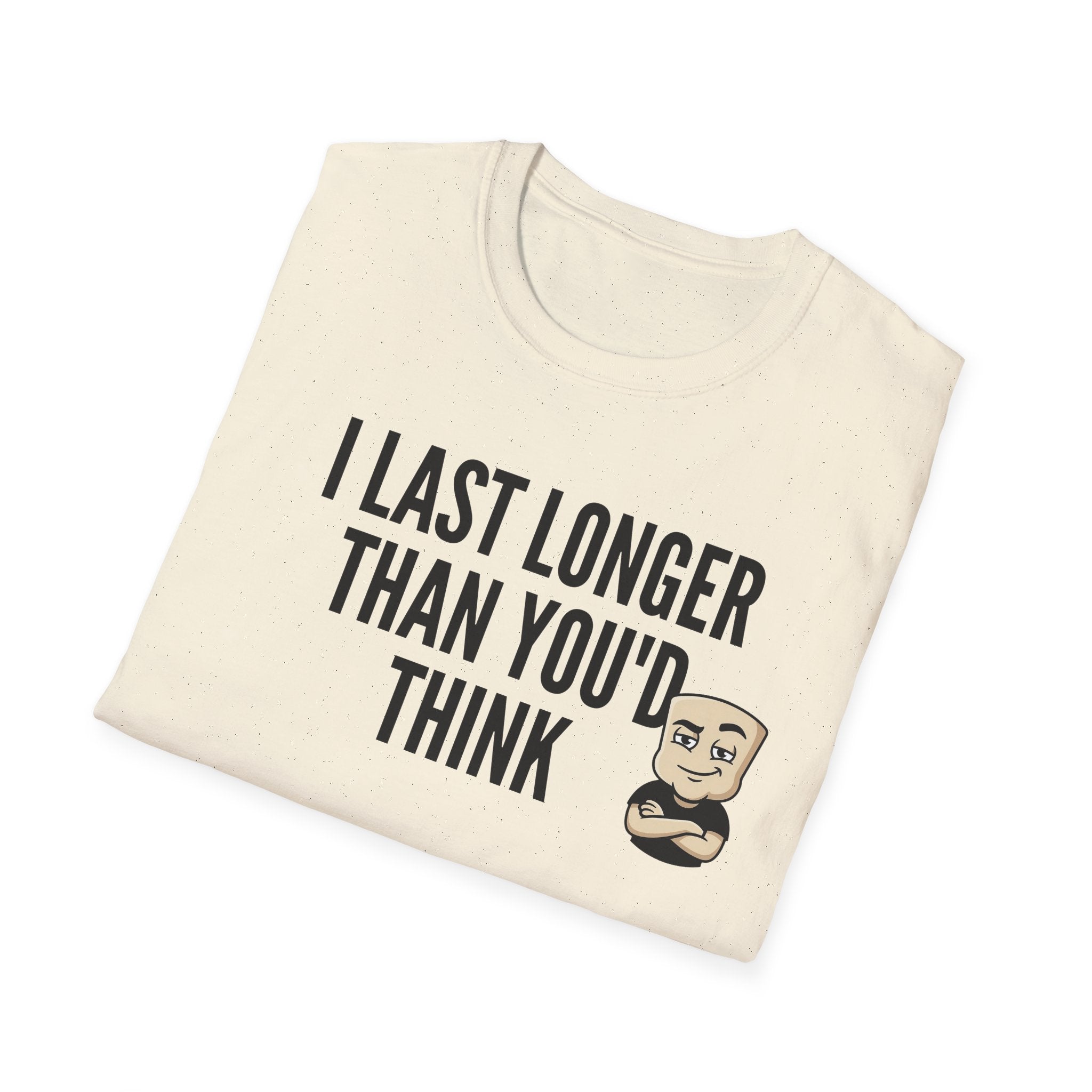 Cream adult T-shirt with bold quote print and small cartoon face graphic