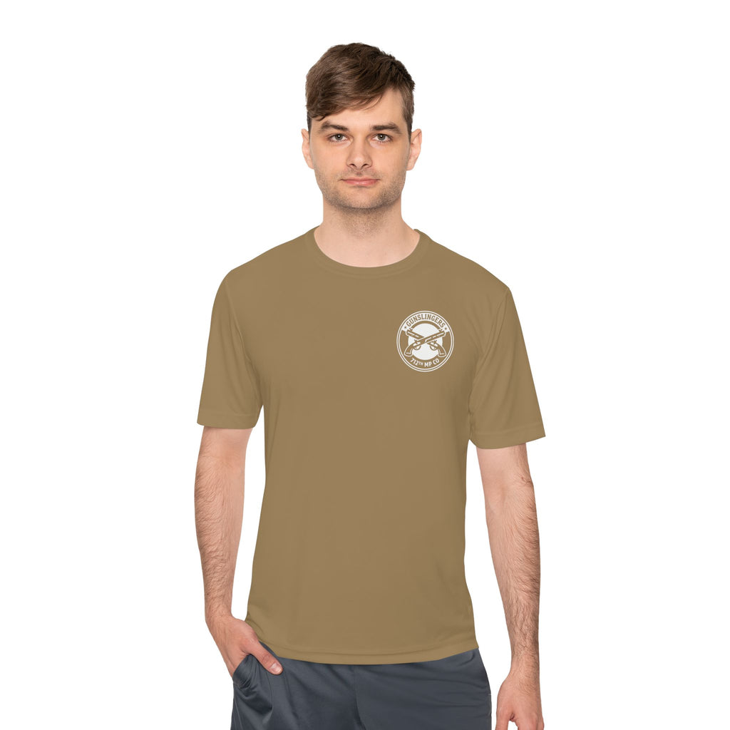 Coyote brown T-shirt with small circular chest emblem, front view