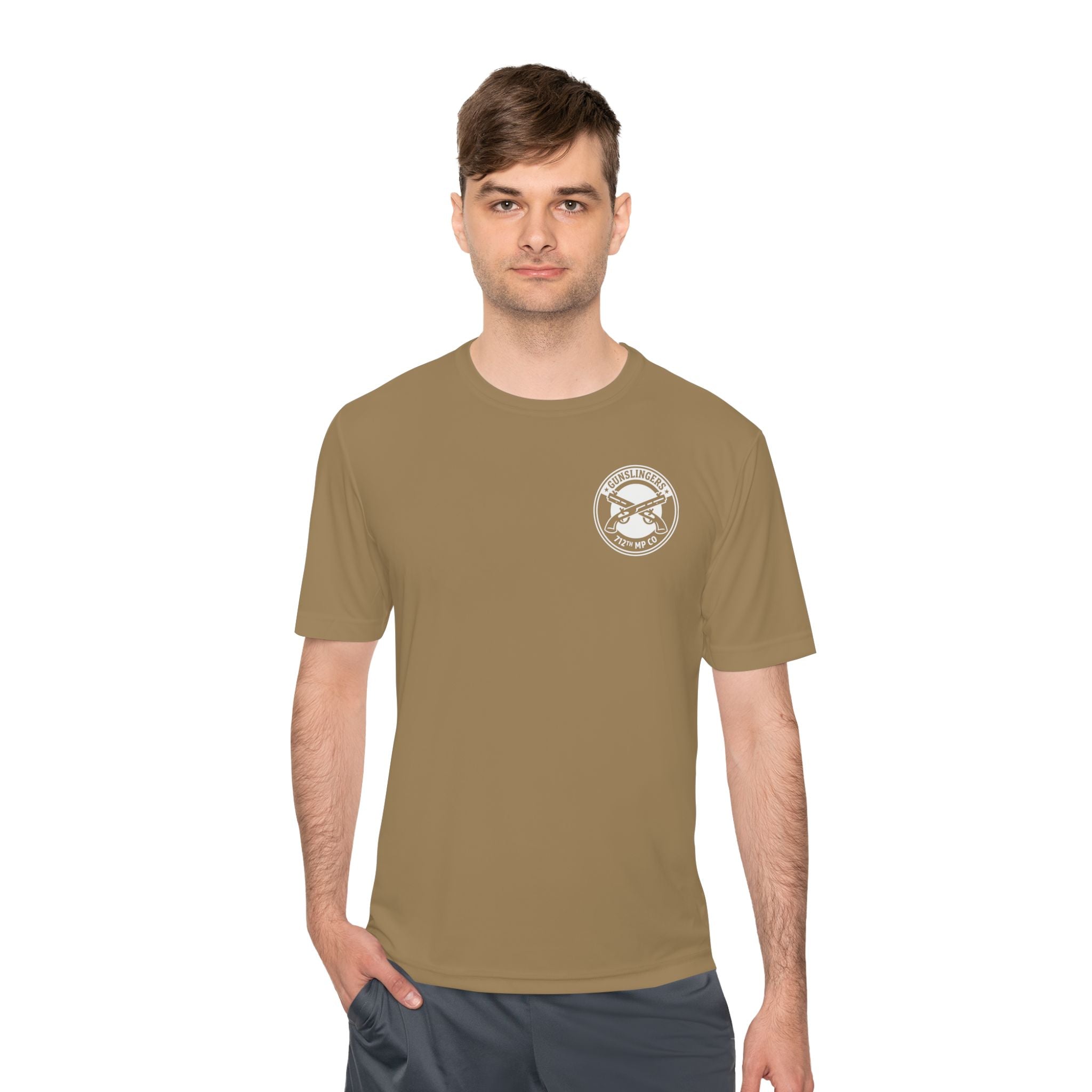 Coyote brown T-shirt with small circular chest emblem, front view