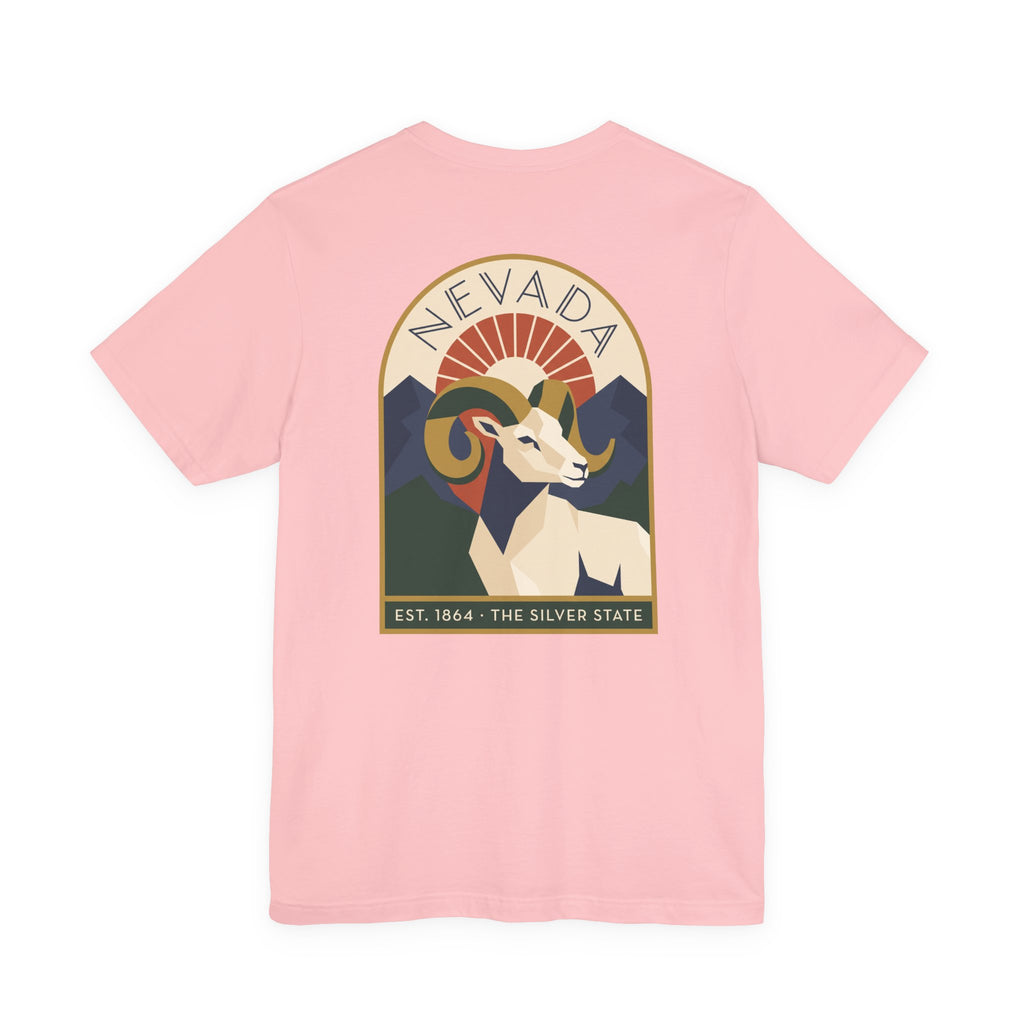 Pink crewneck T-shirt with Nevada bighorn sheep art deco graphic on front