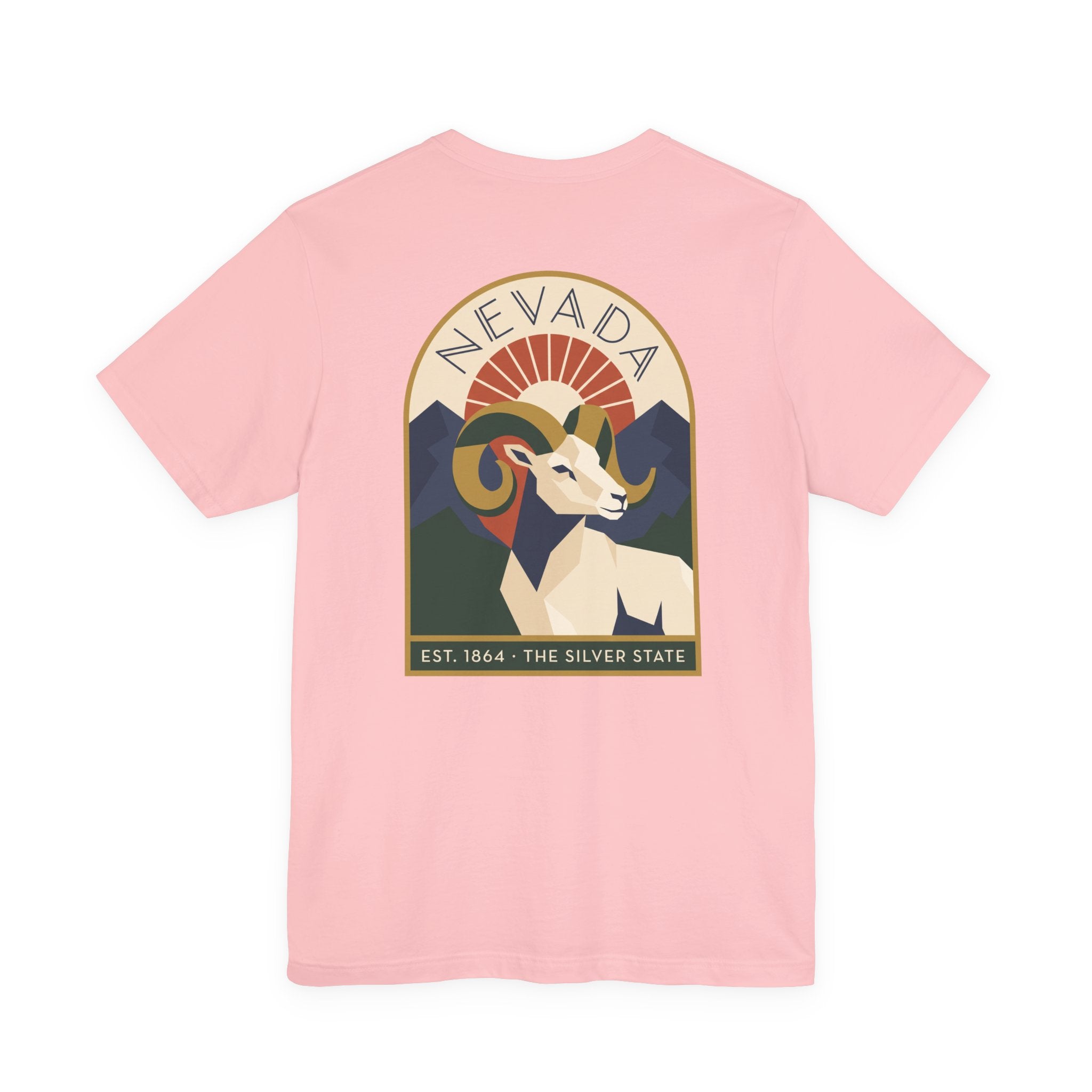 Pink crewneck T-shirt with Nevada bighorn sheep art deco graphic on front