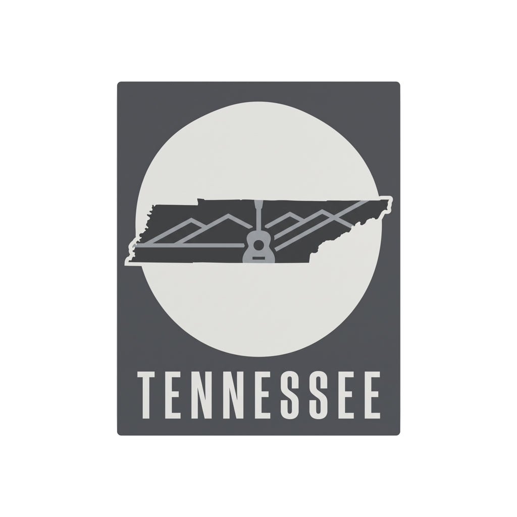 Tennessee metal wall art featuring guitar skyline silhouette and large circular backdrop