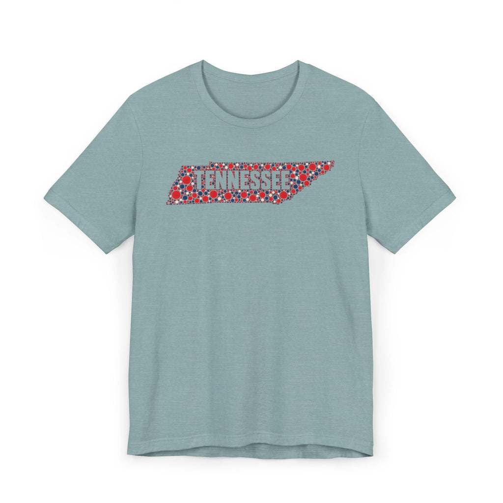 Teal T-shirt with 'Tennessee' floral map graphic across the chest