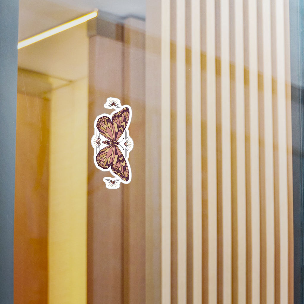 Geometric butterfly kiss-cut vinyl decal sticker, purple-pink geometric wings with swirl accents