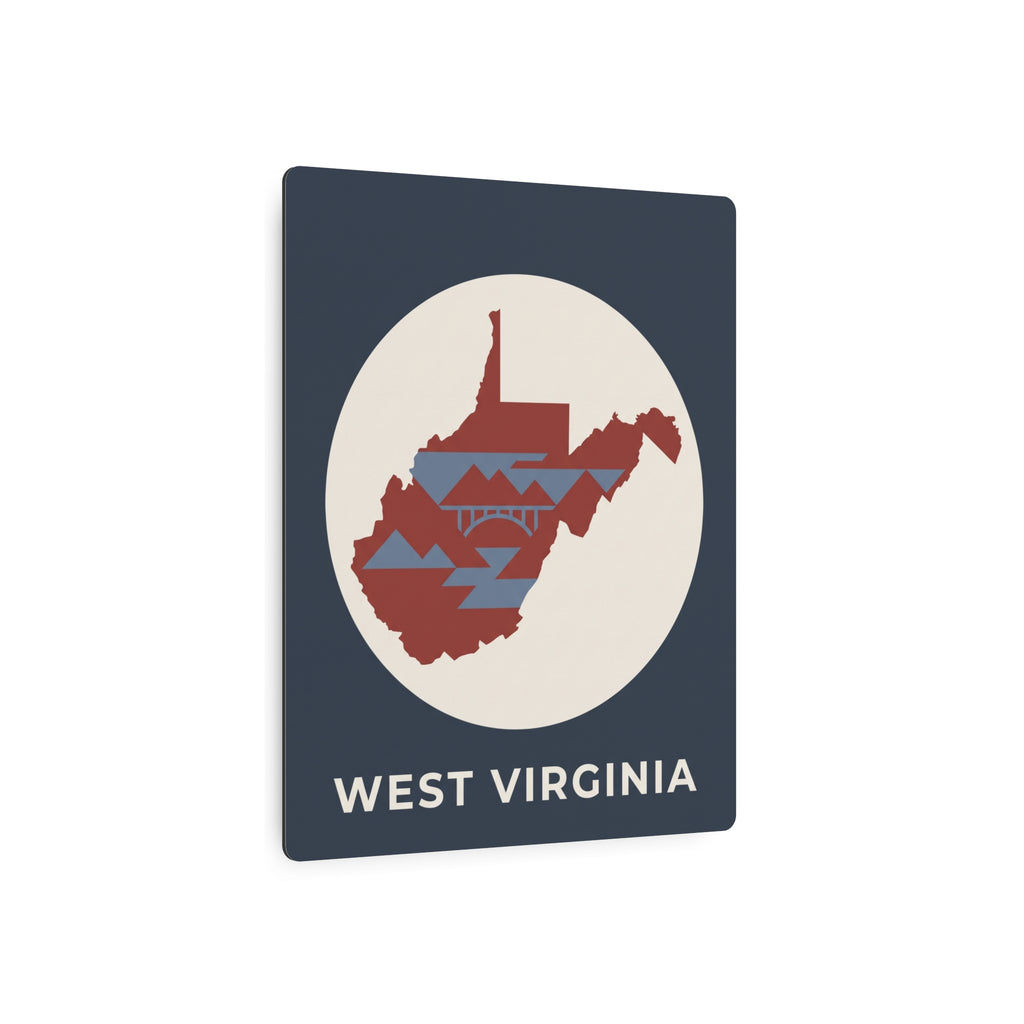 West Virginia metal wall sign with circular map graphic and 'WEST VIRGINIA' lettering on dark background.