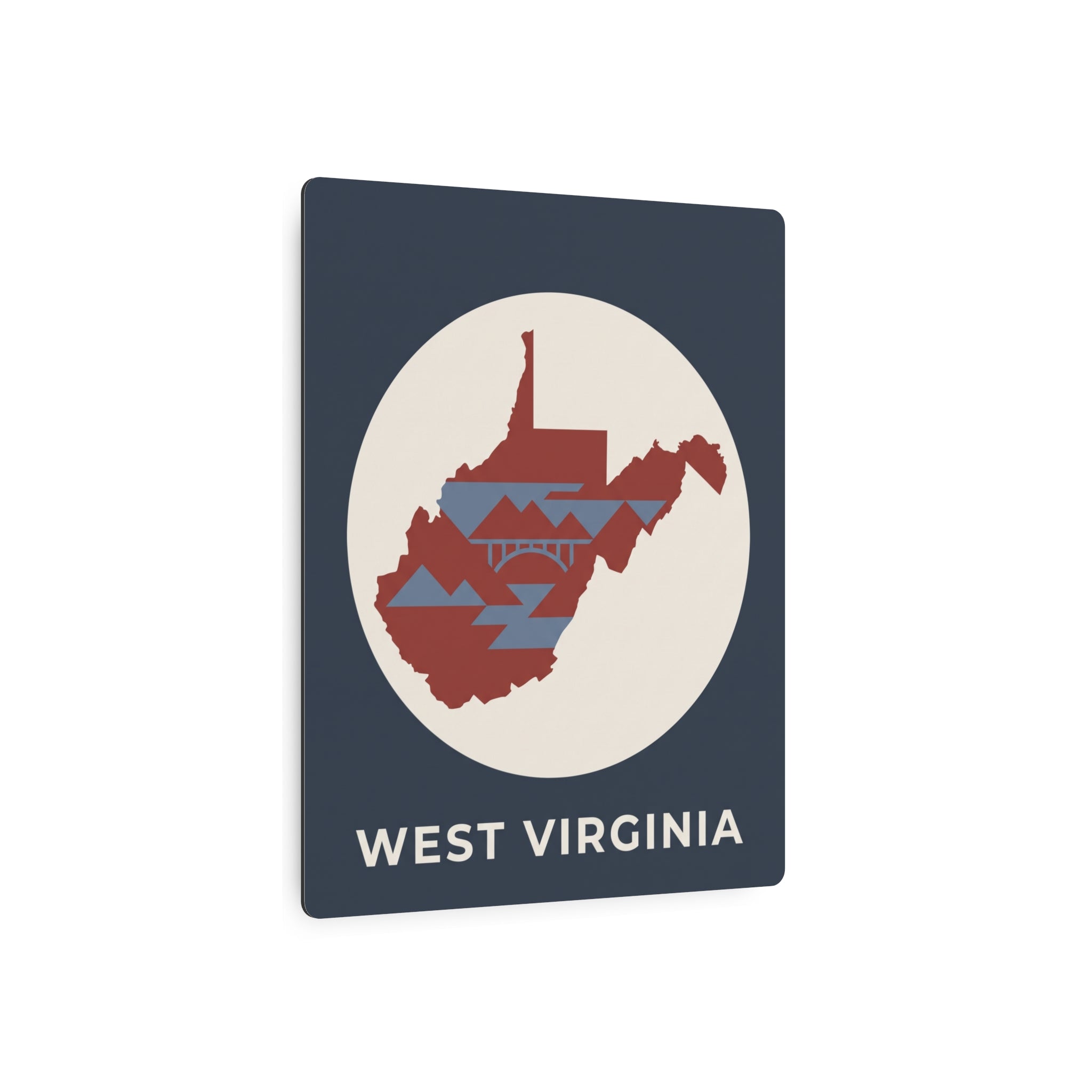 West Virginia metal wall sign with circular map graphic and 'WEST VIRGINIA' lettering on dark background.