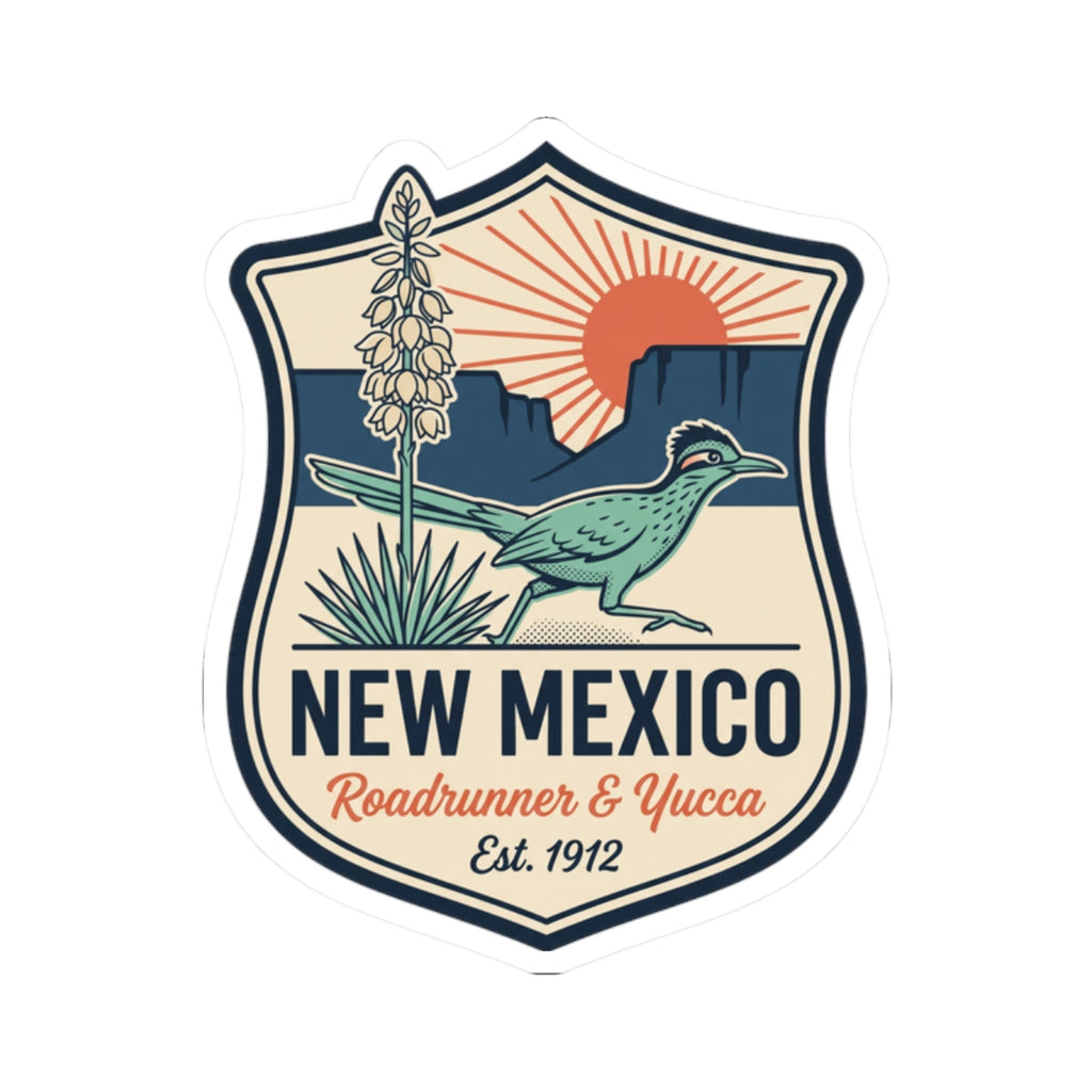 Kiss-cut vinyl sticker showing “NEW MEXICO,” roadrunner, and yucca on a vintage badge