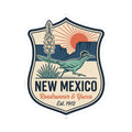 Kiss-cut vinyl sticker showing “NEW MEXICO,” roadrunner, and yucca on a vintage badge